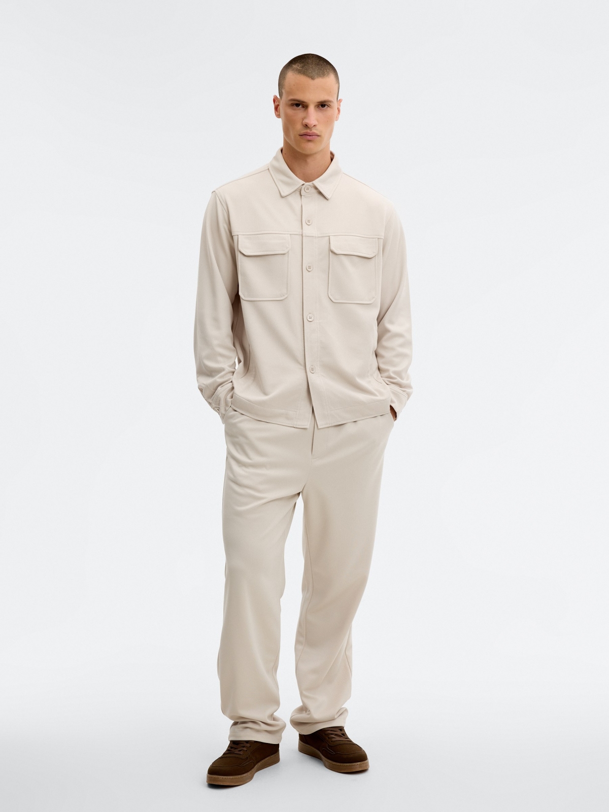High-waisted polyester chino pants raw front view