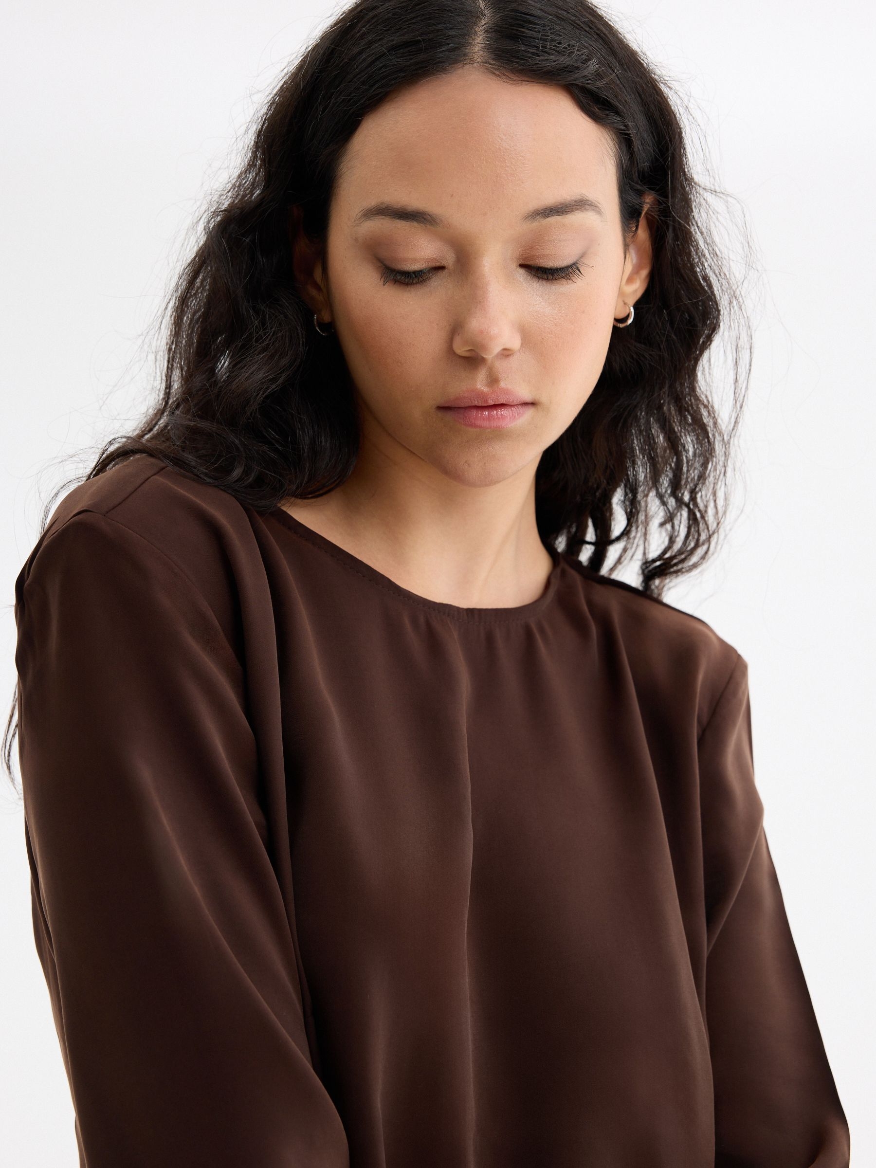 Ruched midi dress with shoulder pads chocolate middle front view