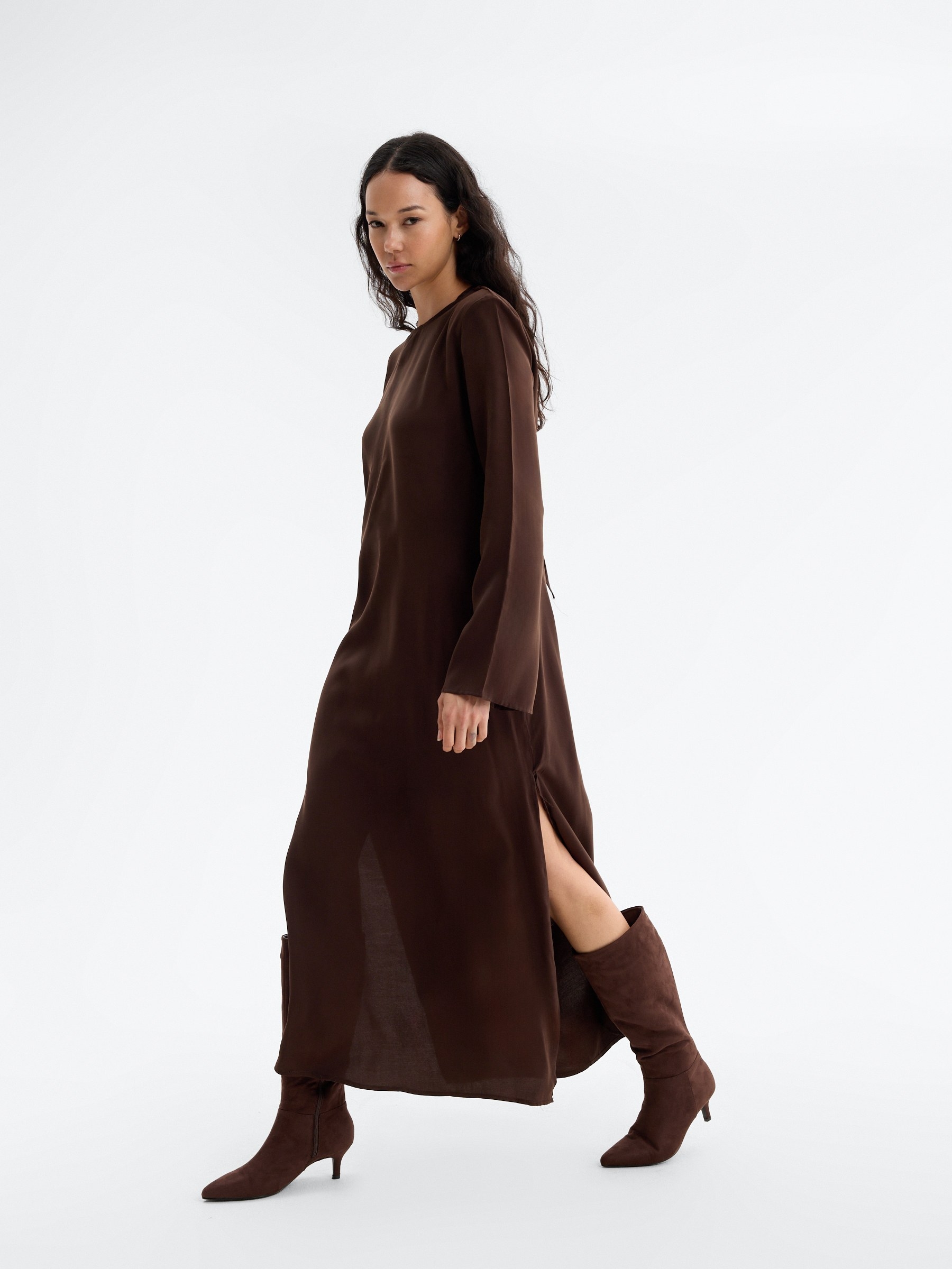 Ruched midi dress with shoulder pads chocolate middle front view