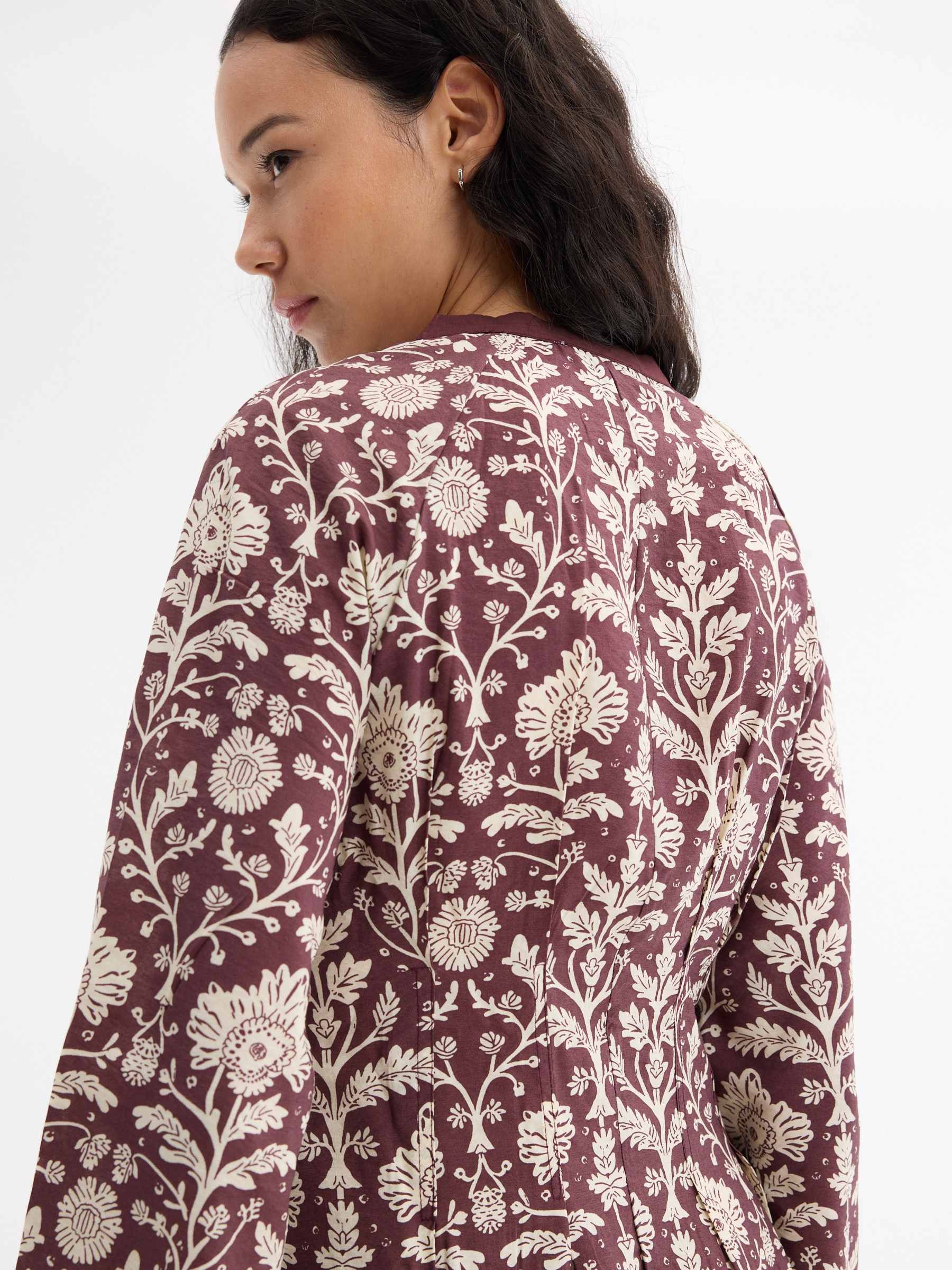 Embroidered midi dress long sleeve aubergine middle front view