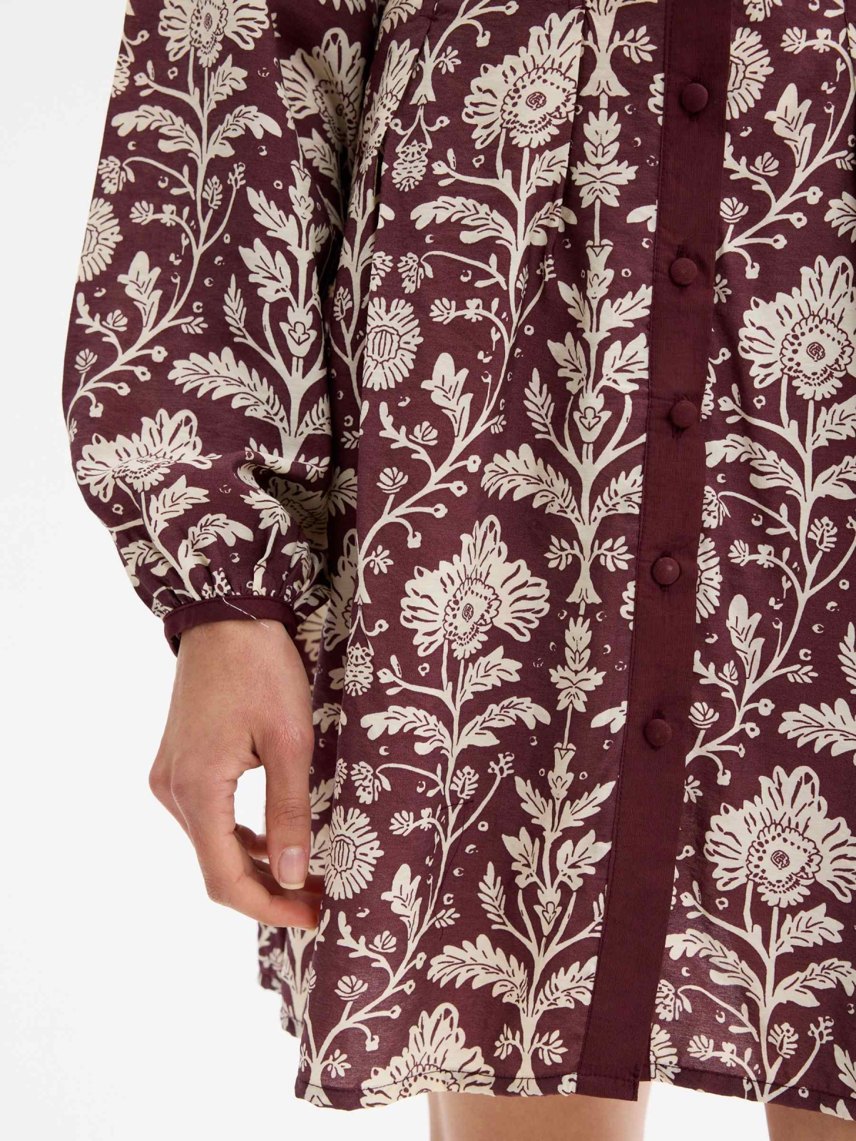 Embroidered midi dress long sleeve aubergine detail view
