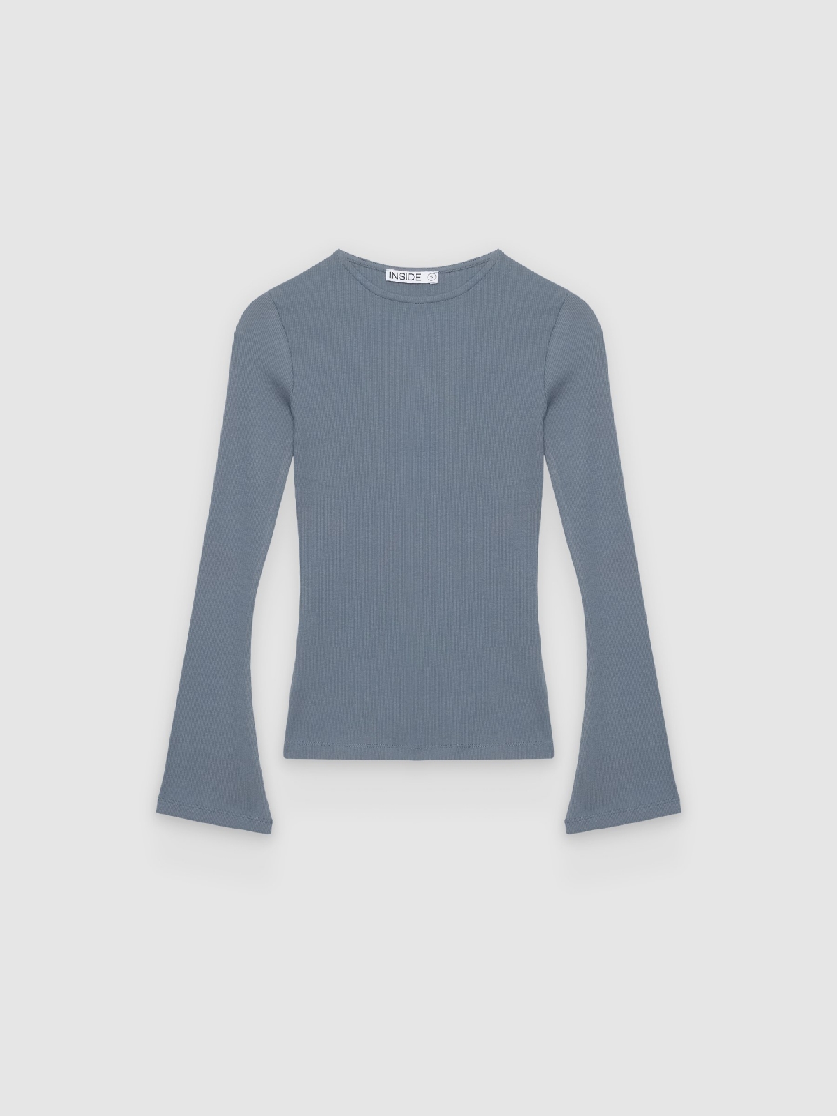 %Pto% Ribbed long bell sleeve t-shirt steel blue front view