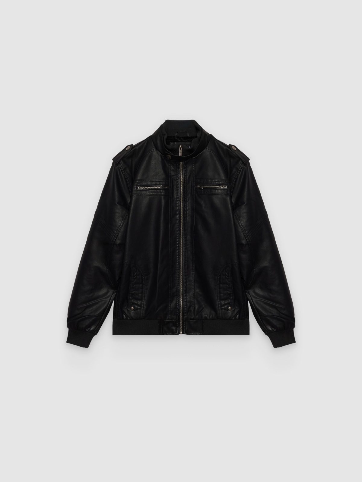 %Pto% Black biker faux leather jacket black front view