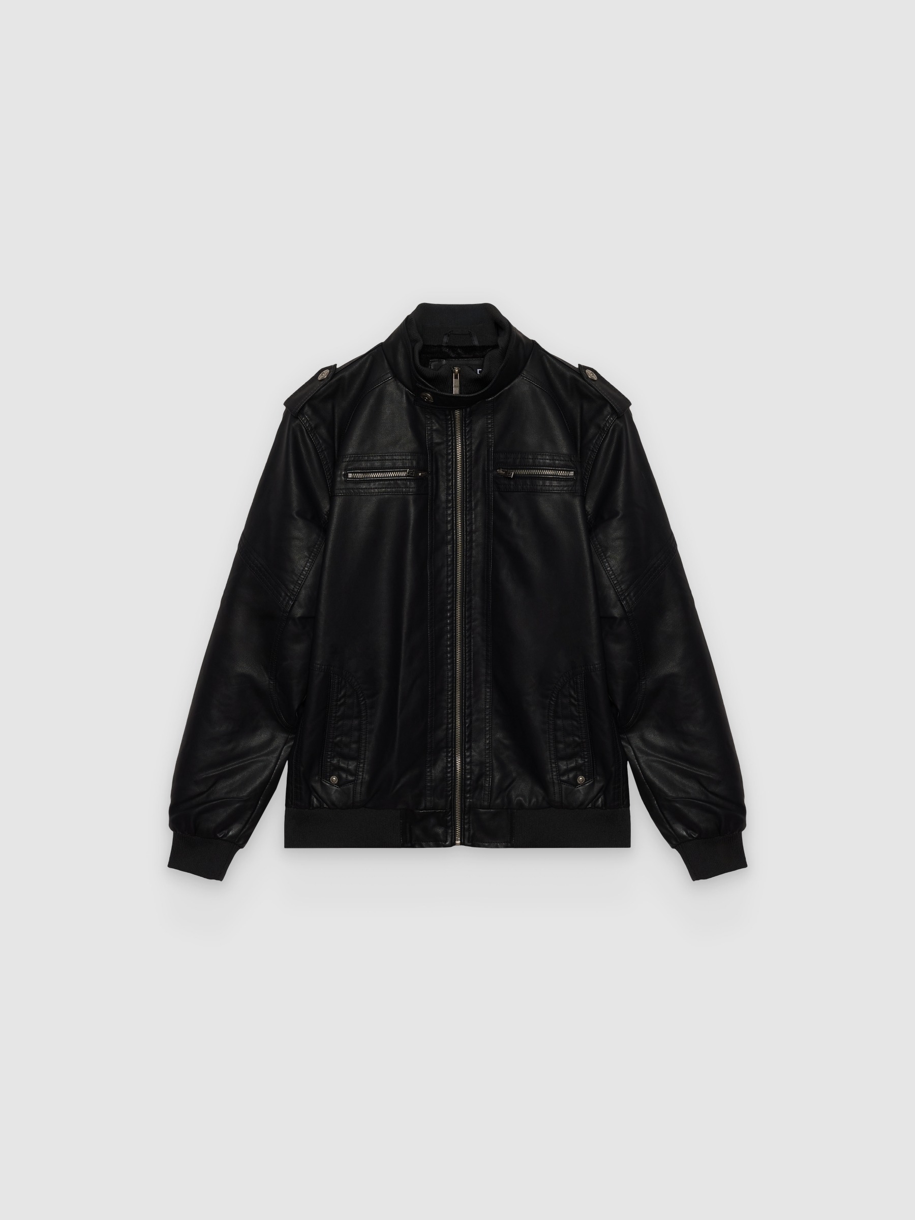  Black biker faux leather jacket black front view