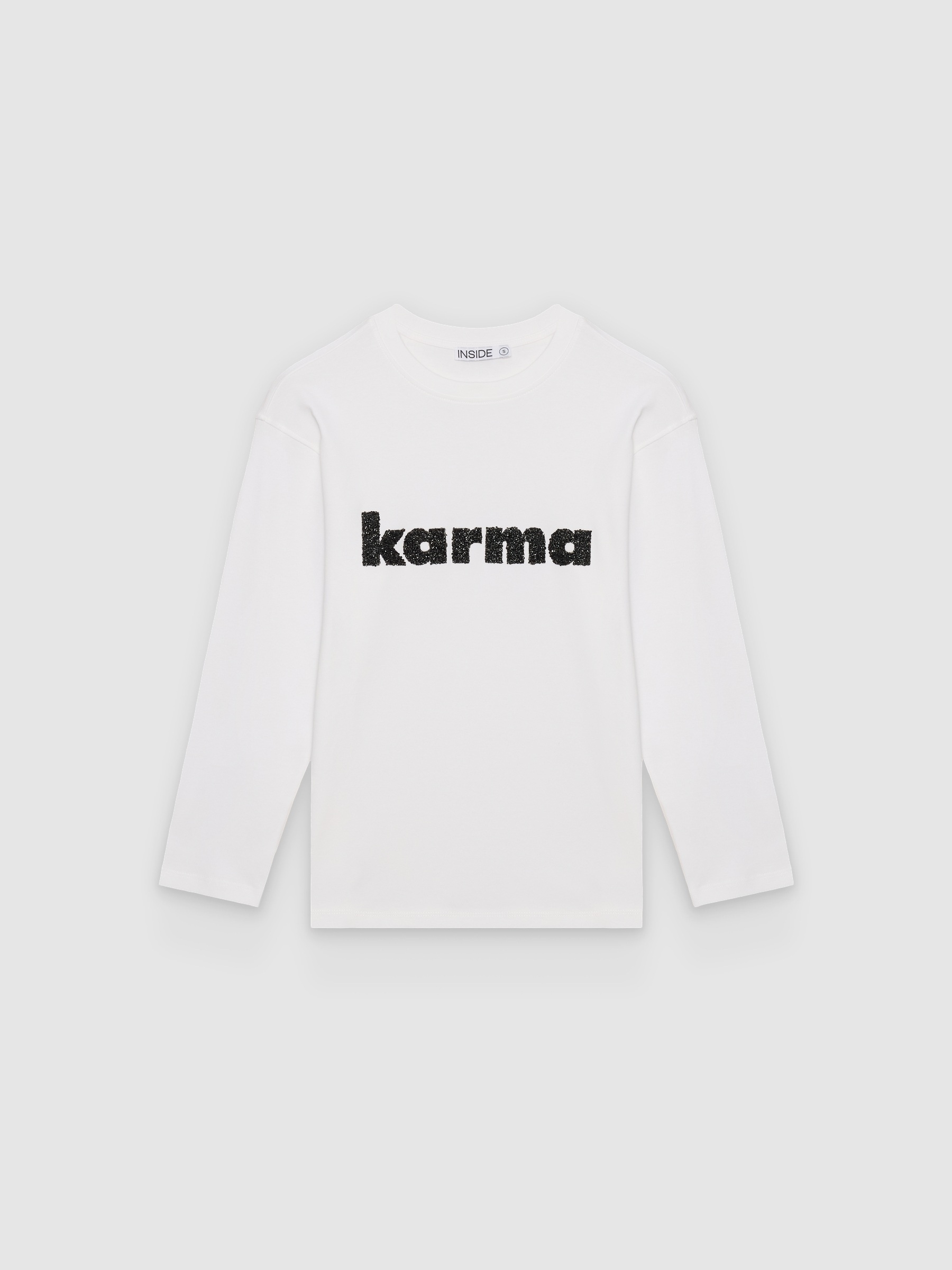 T-shirt manga comprida print karma branco vista meia frontal