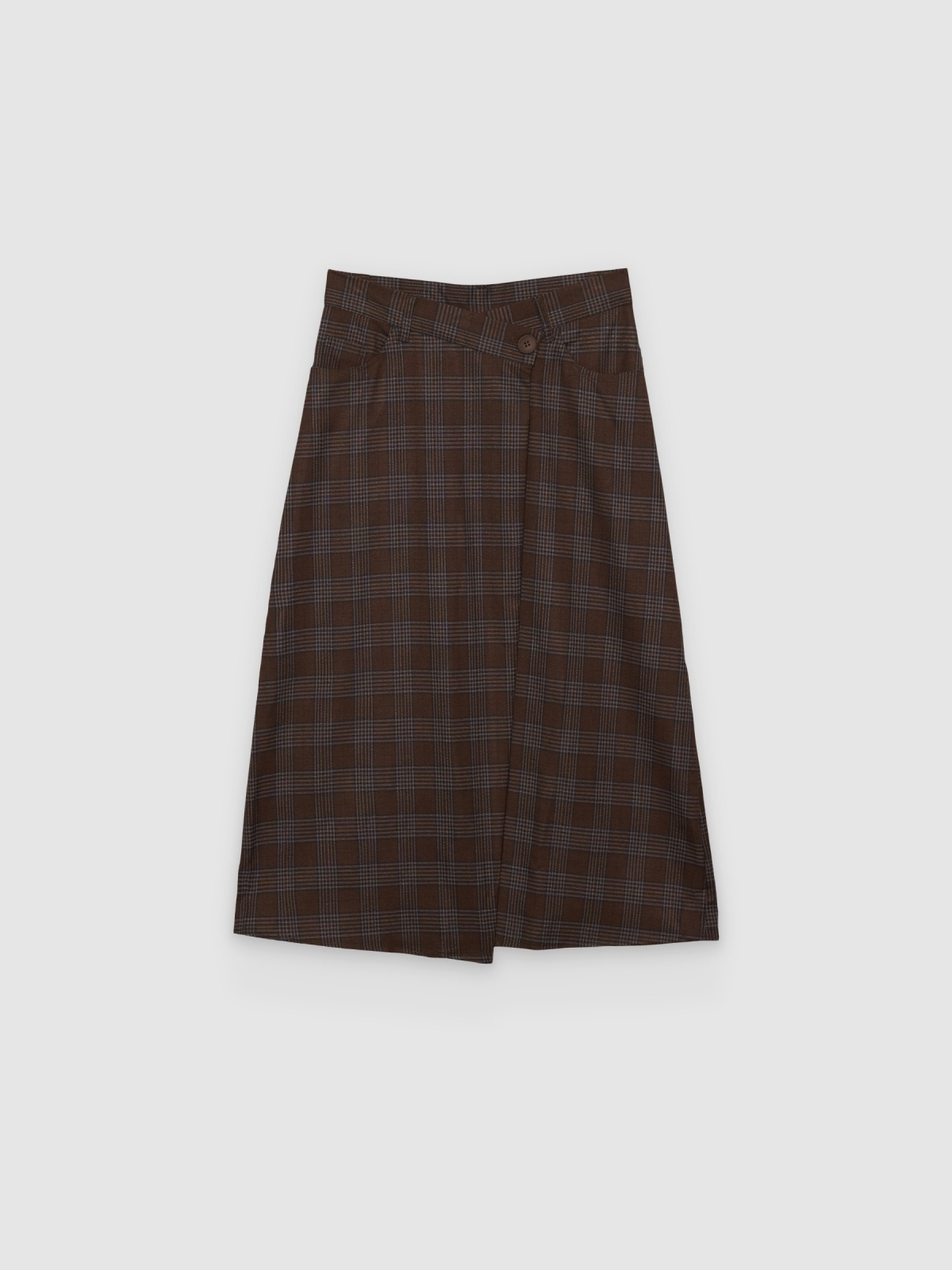 %Pto% Falda midi cintura asimétrica marrón oscuro vista frontal