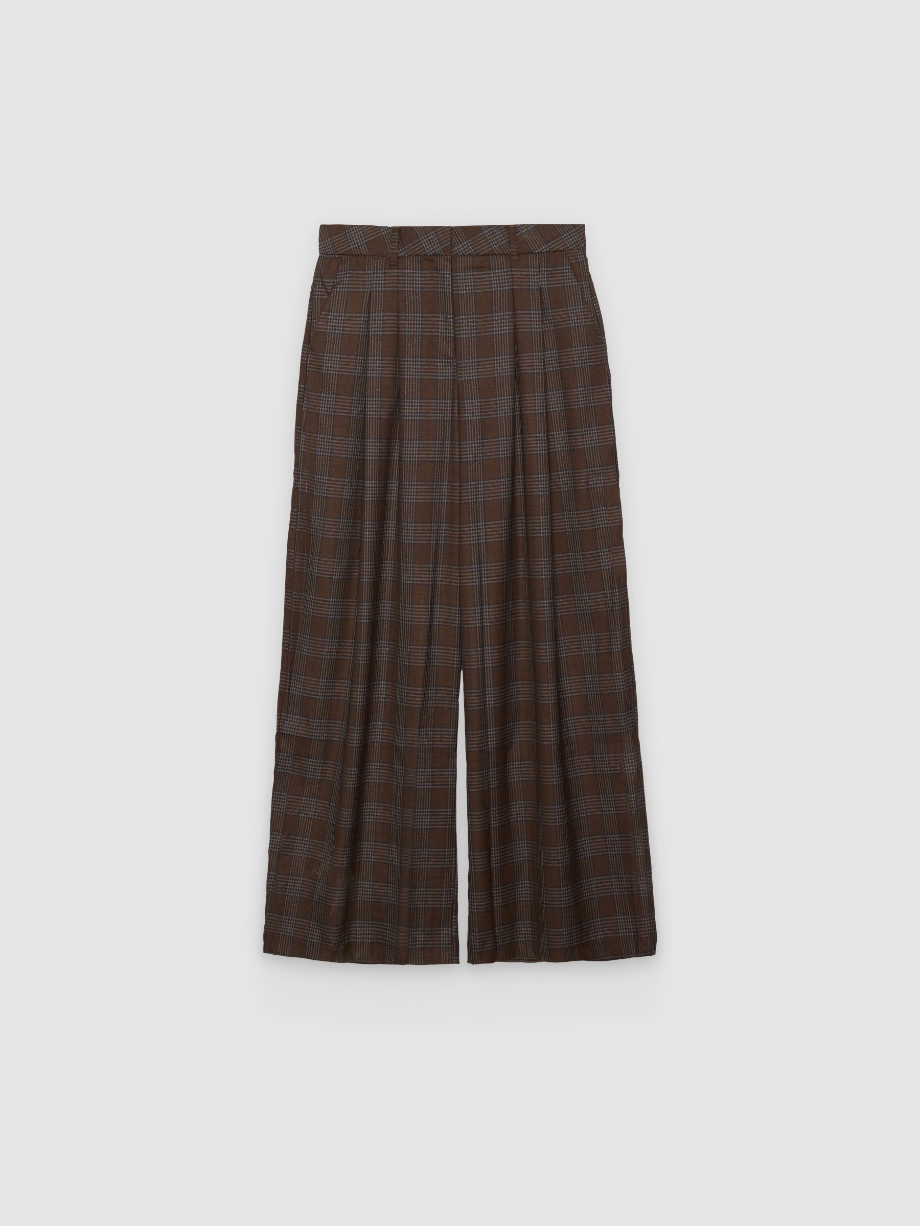 %Pto% Wide leg checked tailored trousers dark brown front view