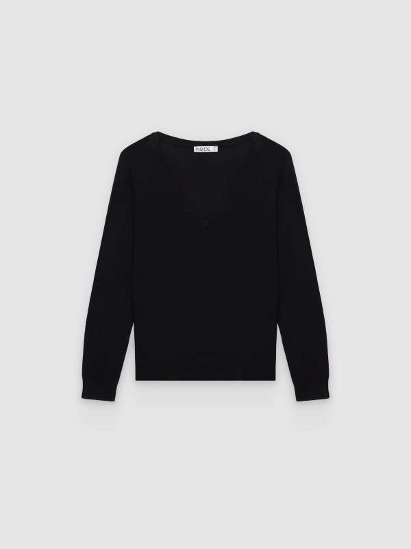  Camisola básica com decote em bico regular preto vista frontal