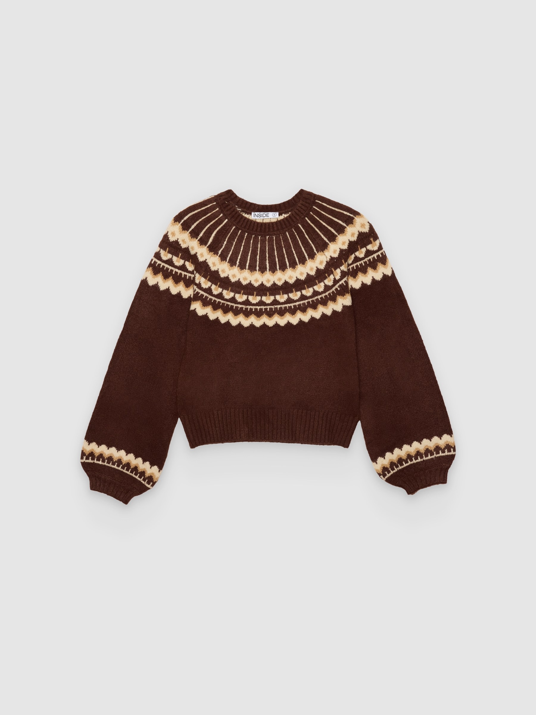 %Pto% Fair Isle design knit sweater chocolate front view