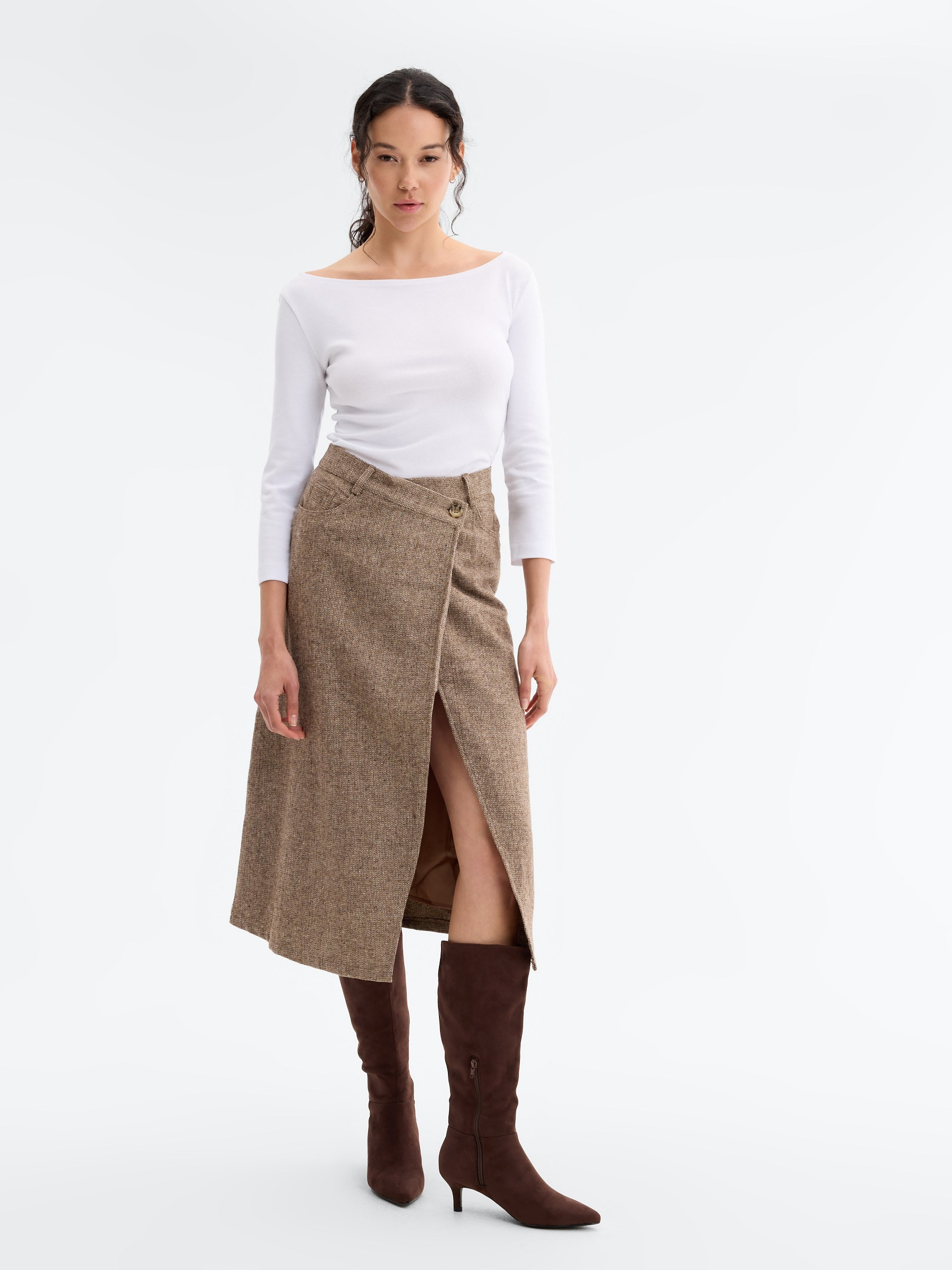 Asymmetrical midi tweed skirt brown middle front view