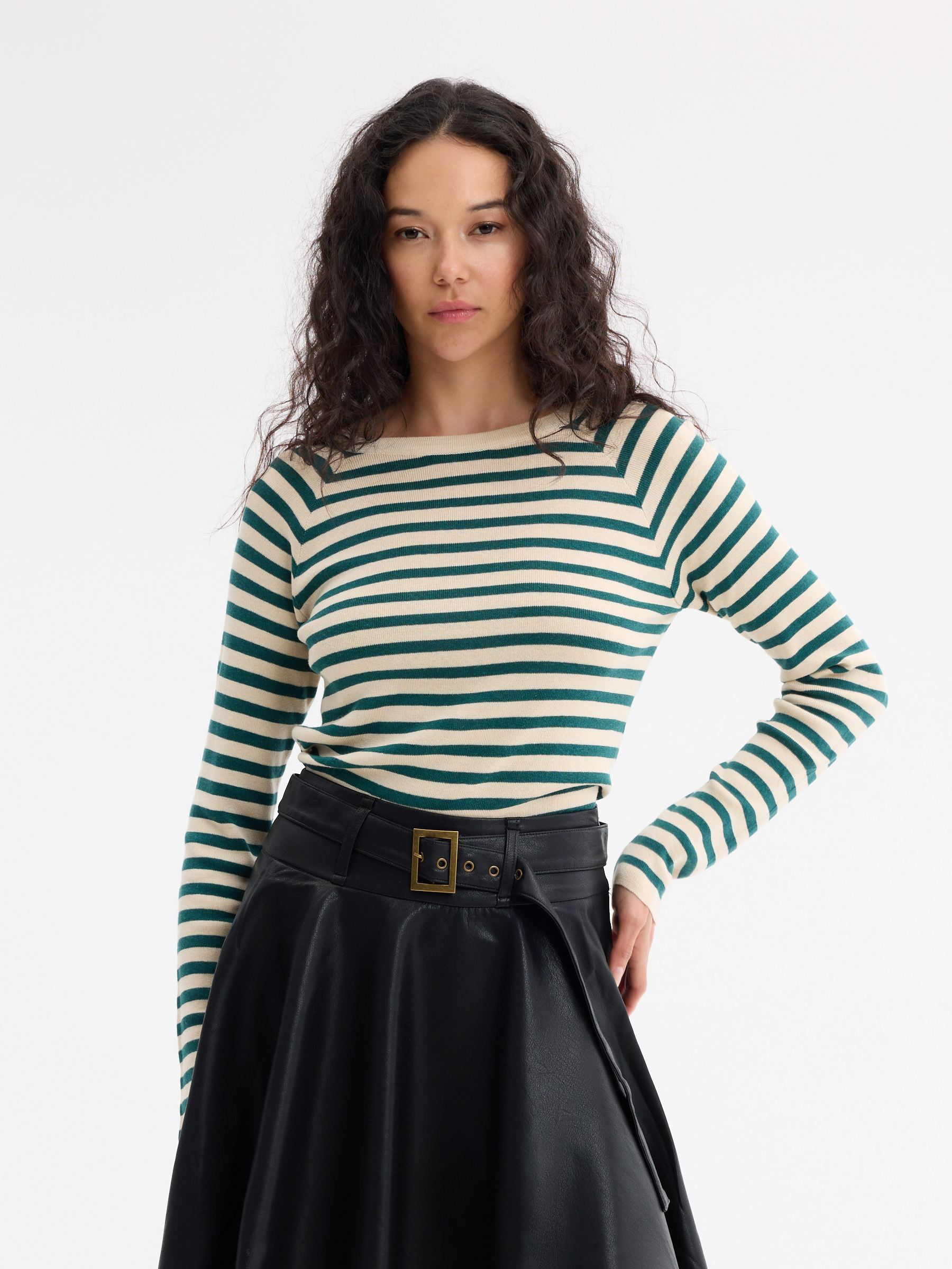 Long Sleeve Striped Knit Sweater emerald middle front view