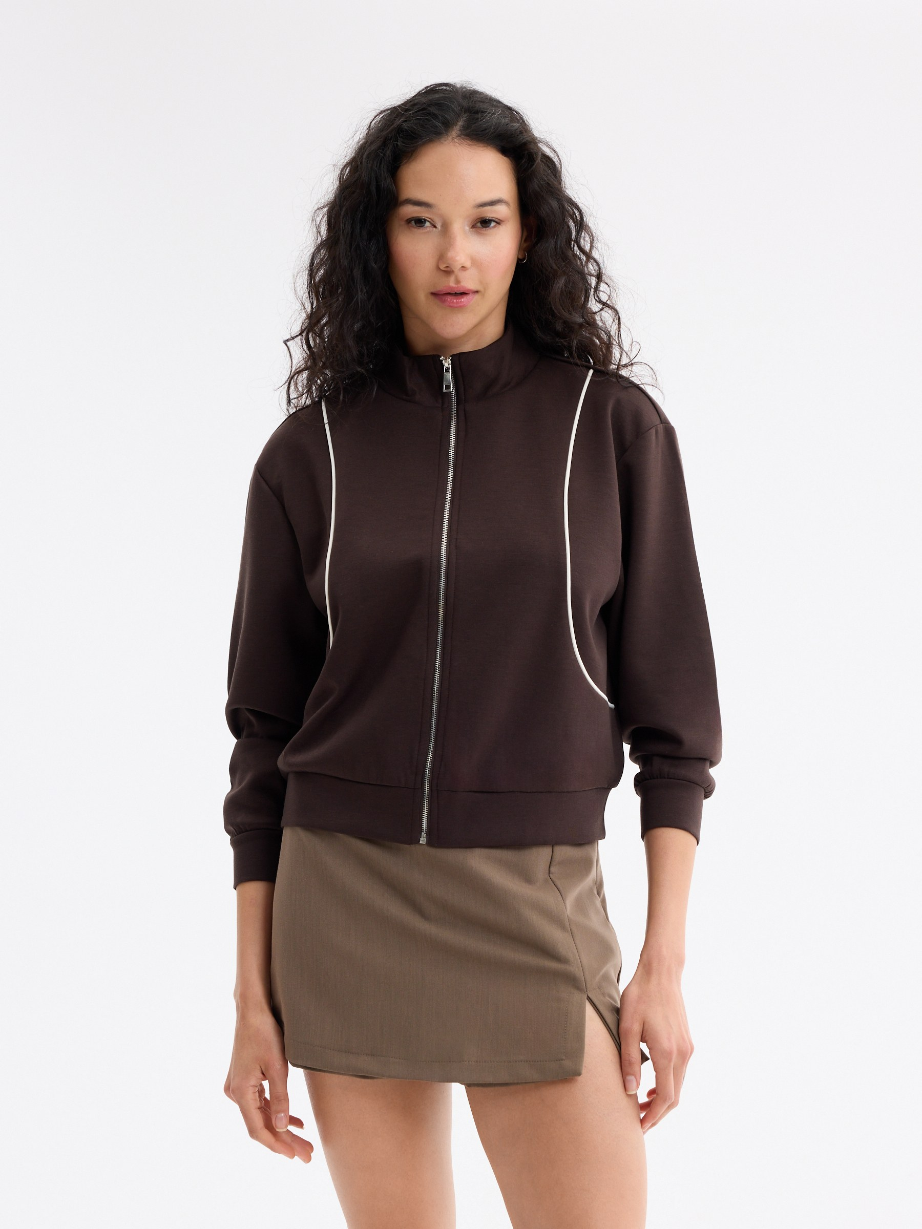 Soft zip-up jacket with high collar chocolate middle front view