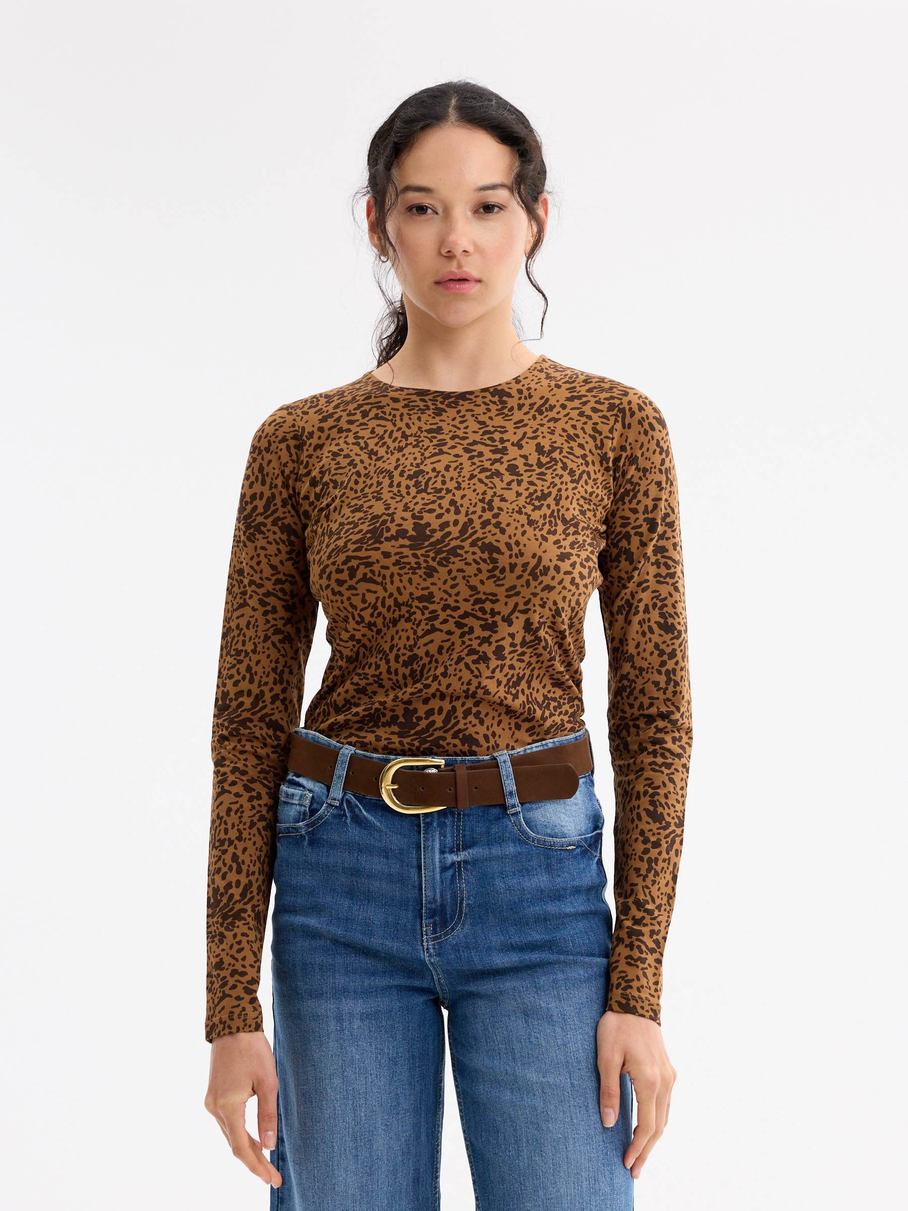 T-shirt de manga comprida animal print camel vista meia frontal