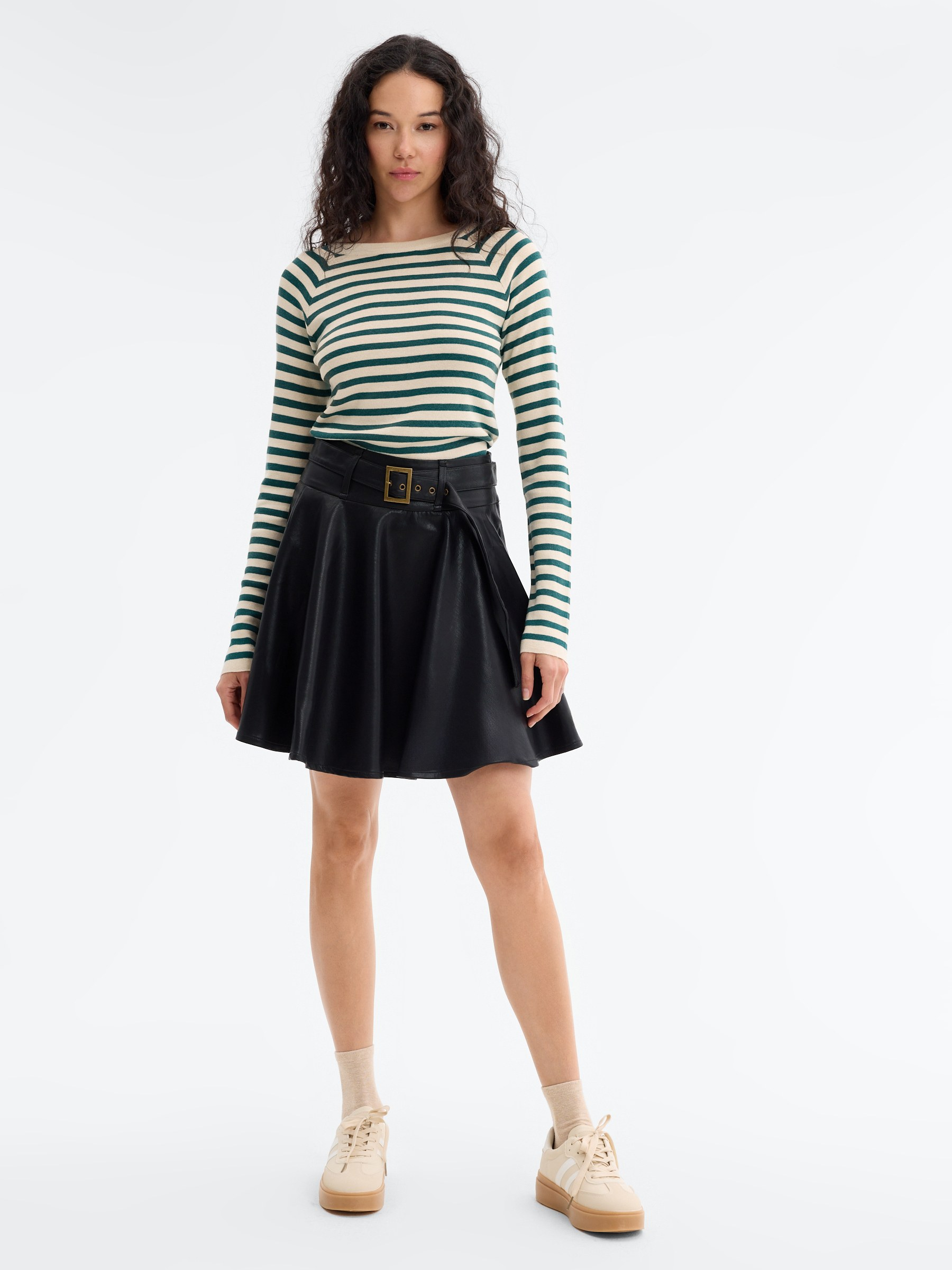 Mini faux leather skirt with belt black middle front view