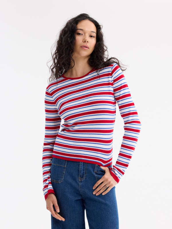 Slim Casual Striped Jumper carmine middle front view