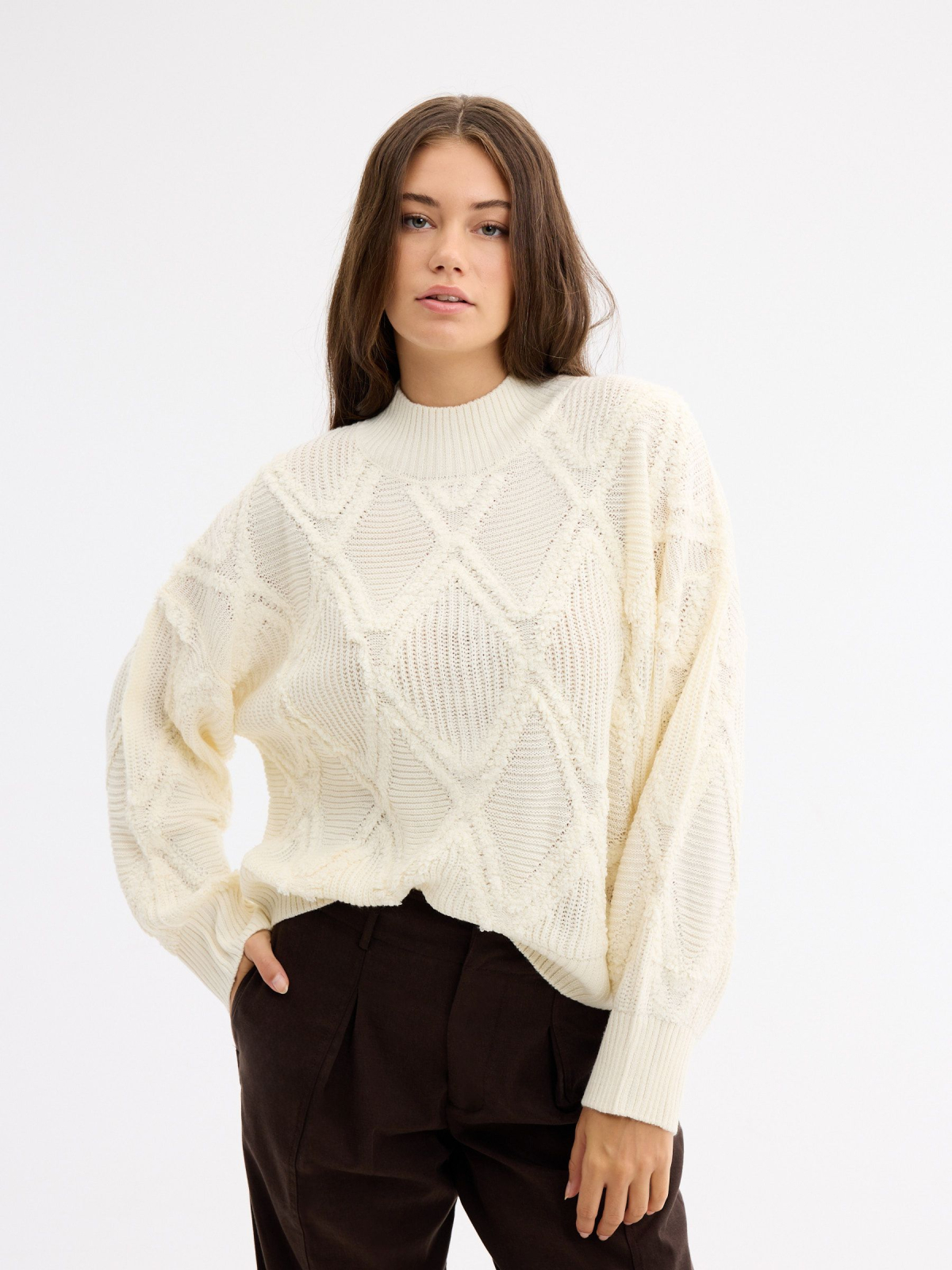 Textured diamond pattern sweater off white middle front view