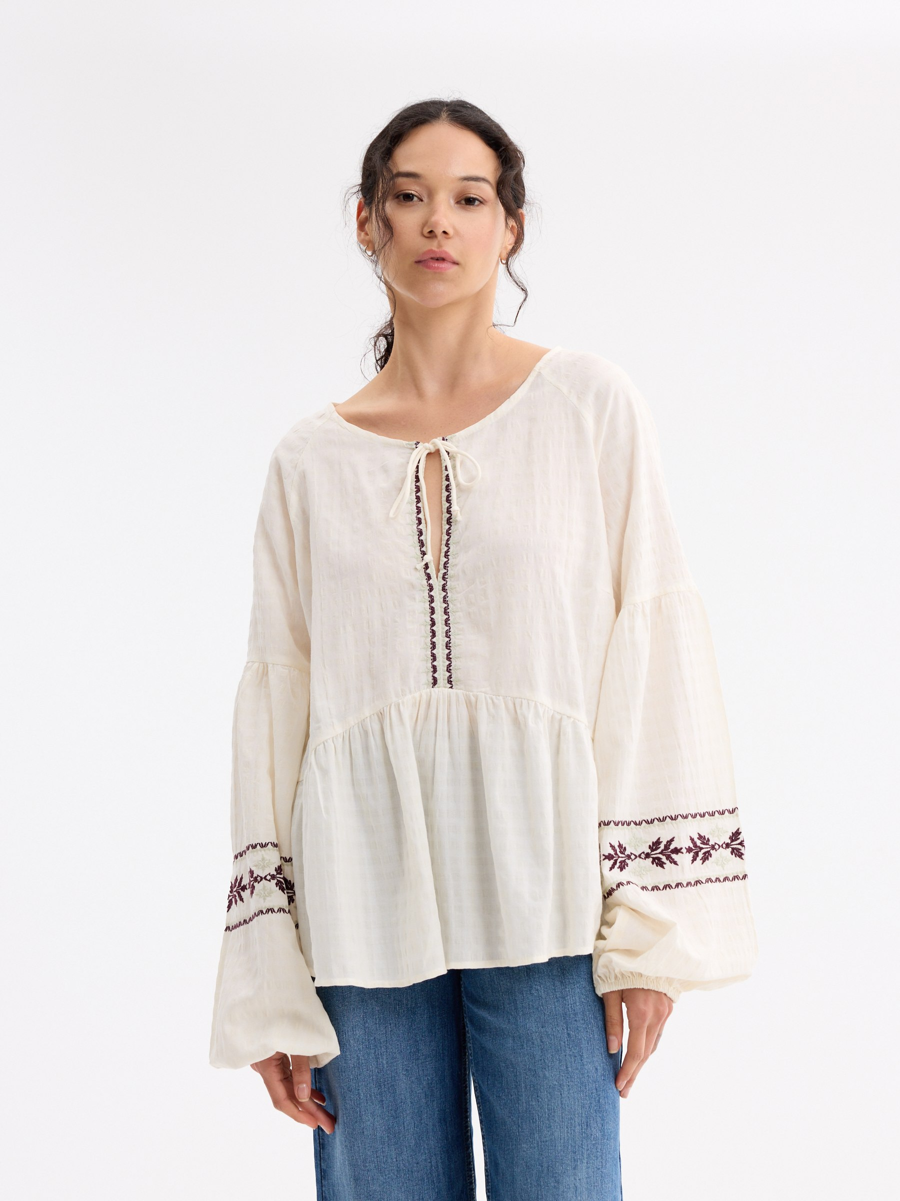 Embroidered floral viscose blouse off white middle front view