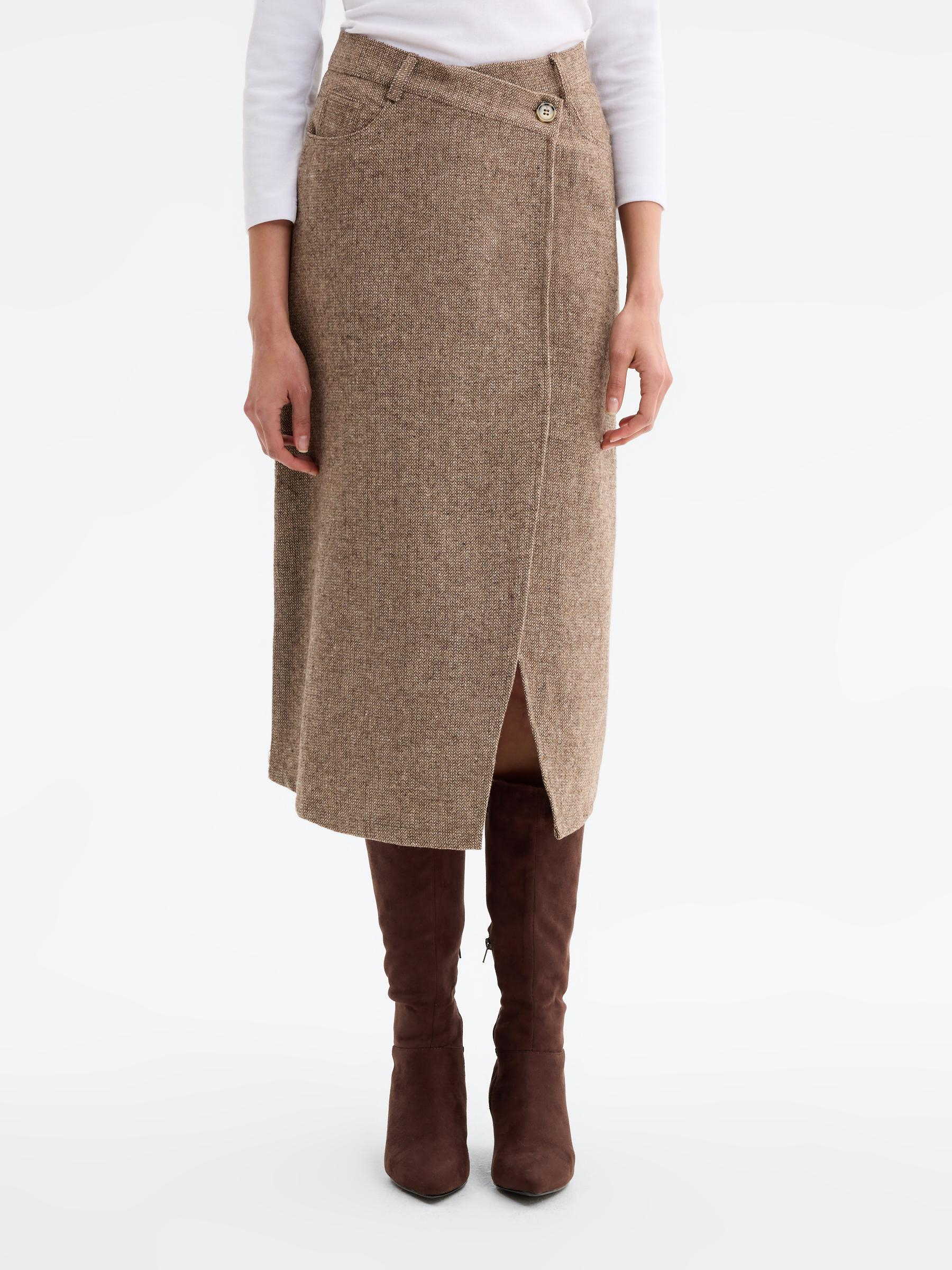 Asymmetrical midi tweed skirt brown middle front view