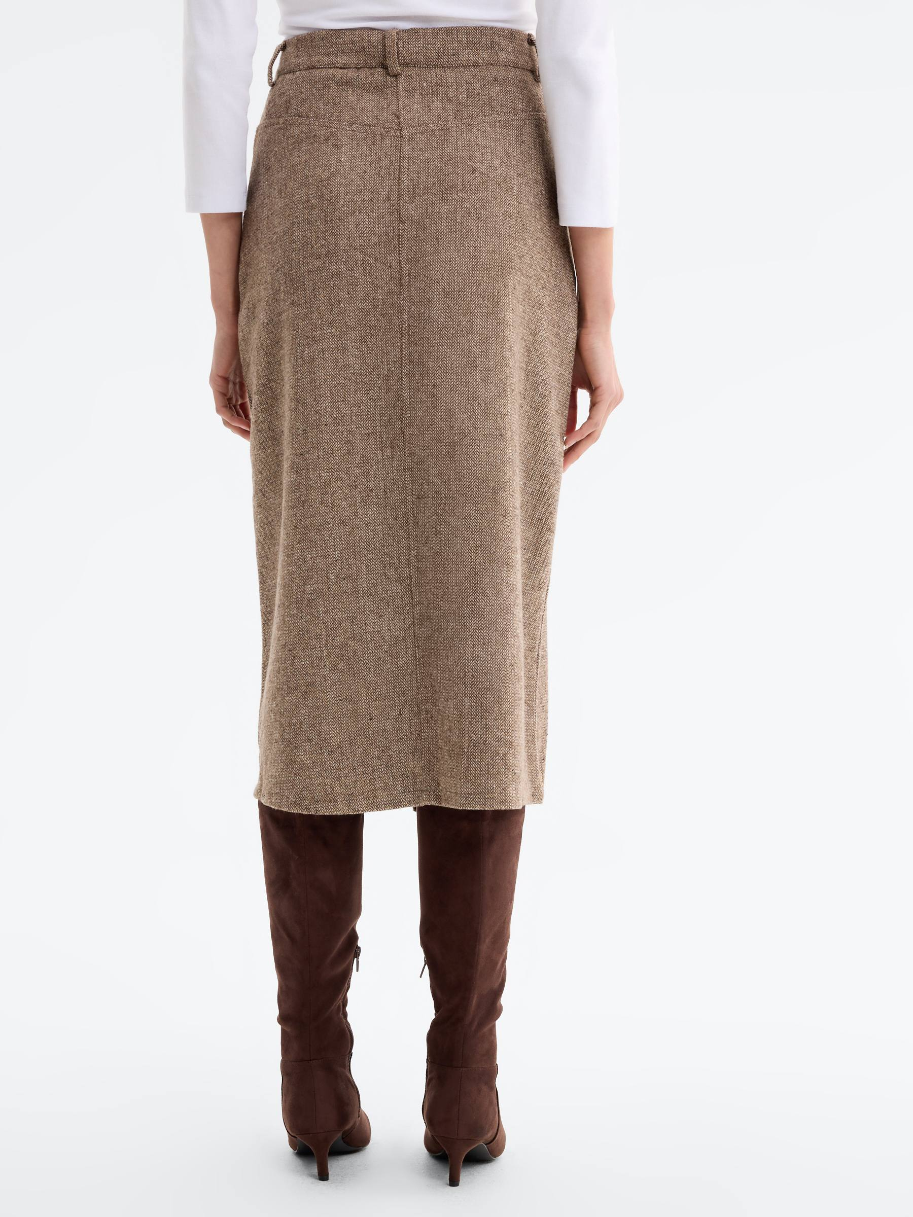 Asymmetrical midi tweed skirt brown middle front view