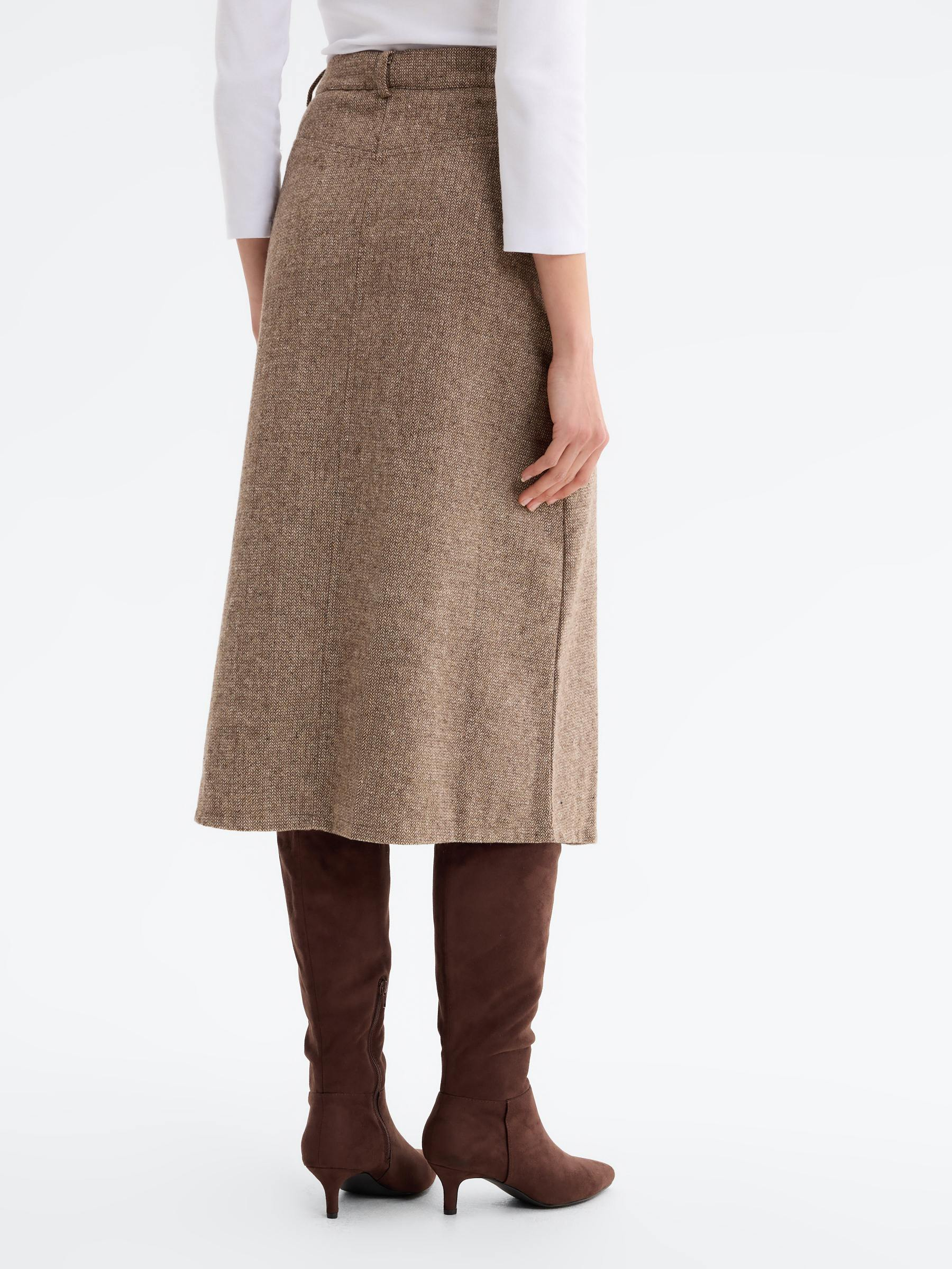 Asymmetrical midi tweed skirt brown middle front view