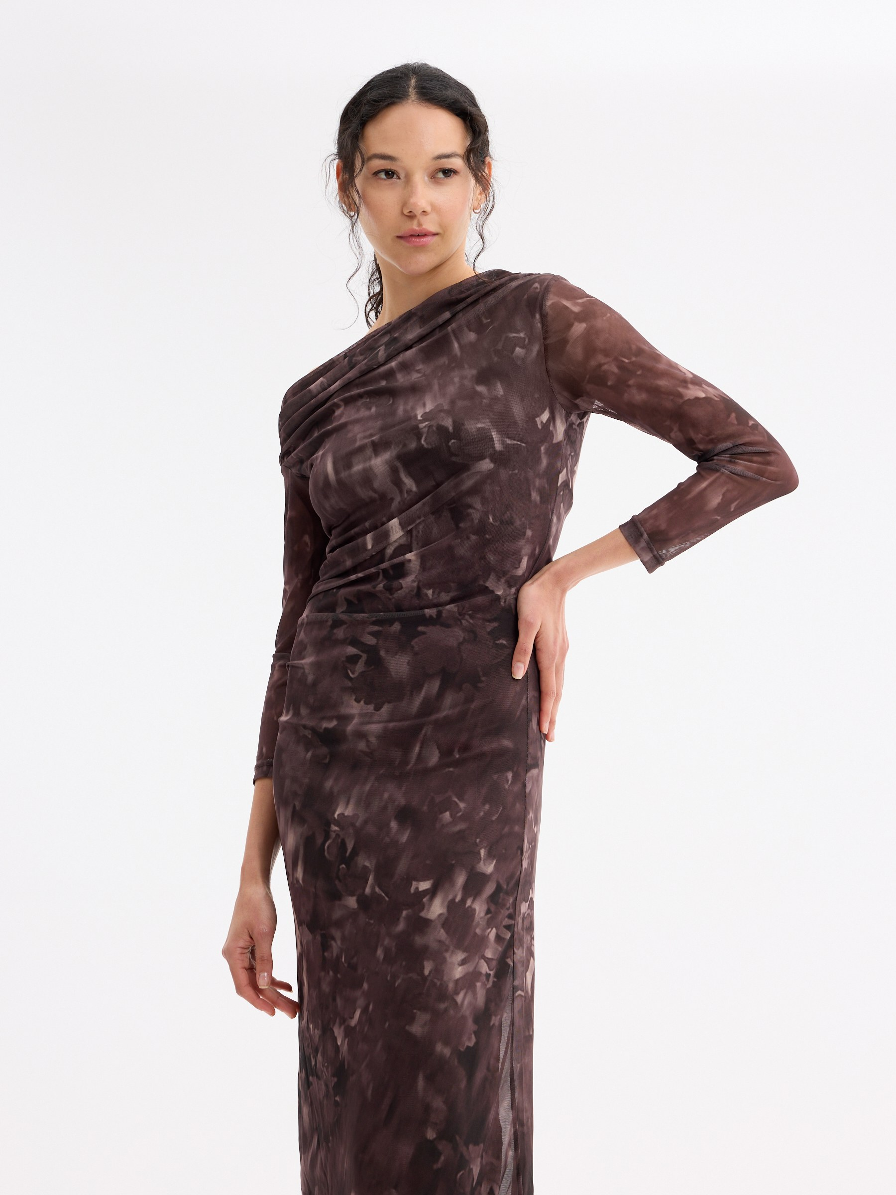 Asymmetric floral tulle midi dress chocolate middle front view
