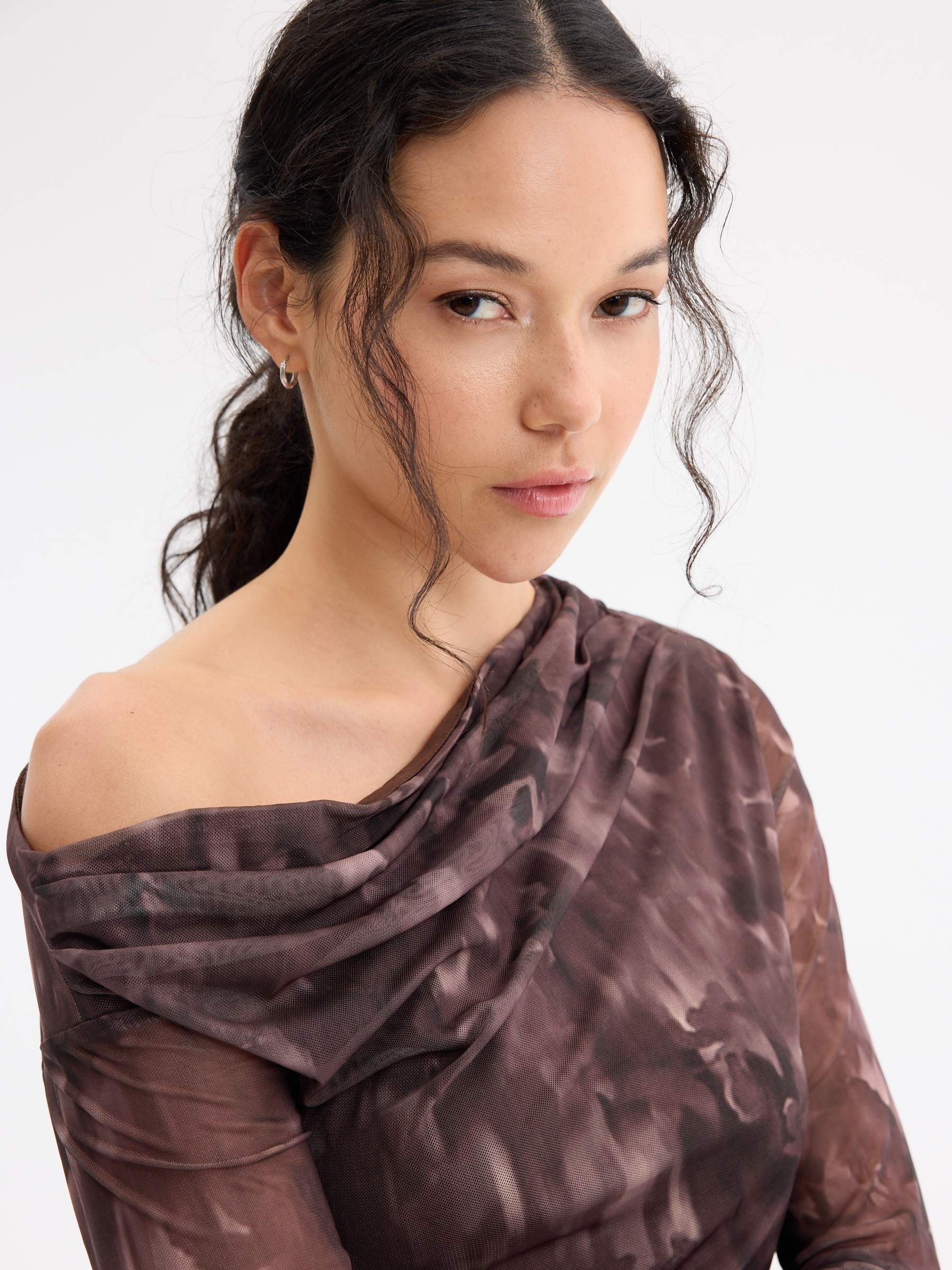 Asymmetric floral tulle midi dress chocolate middle front view