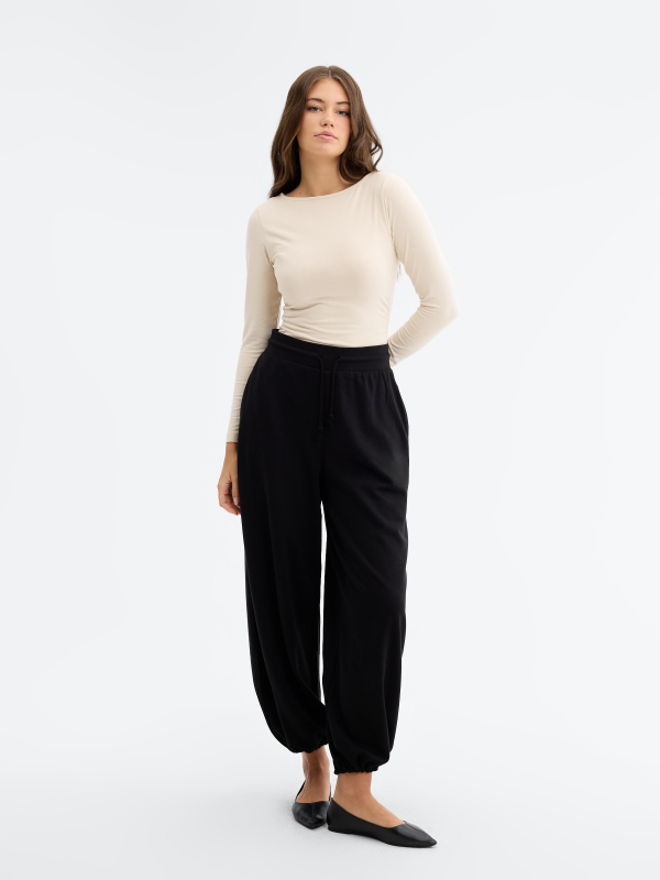 Barrel stoppers fleece pants black front view