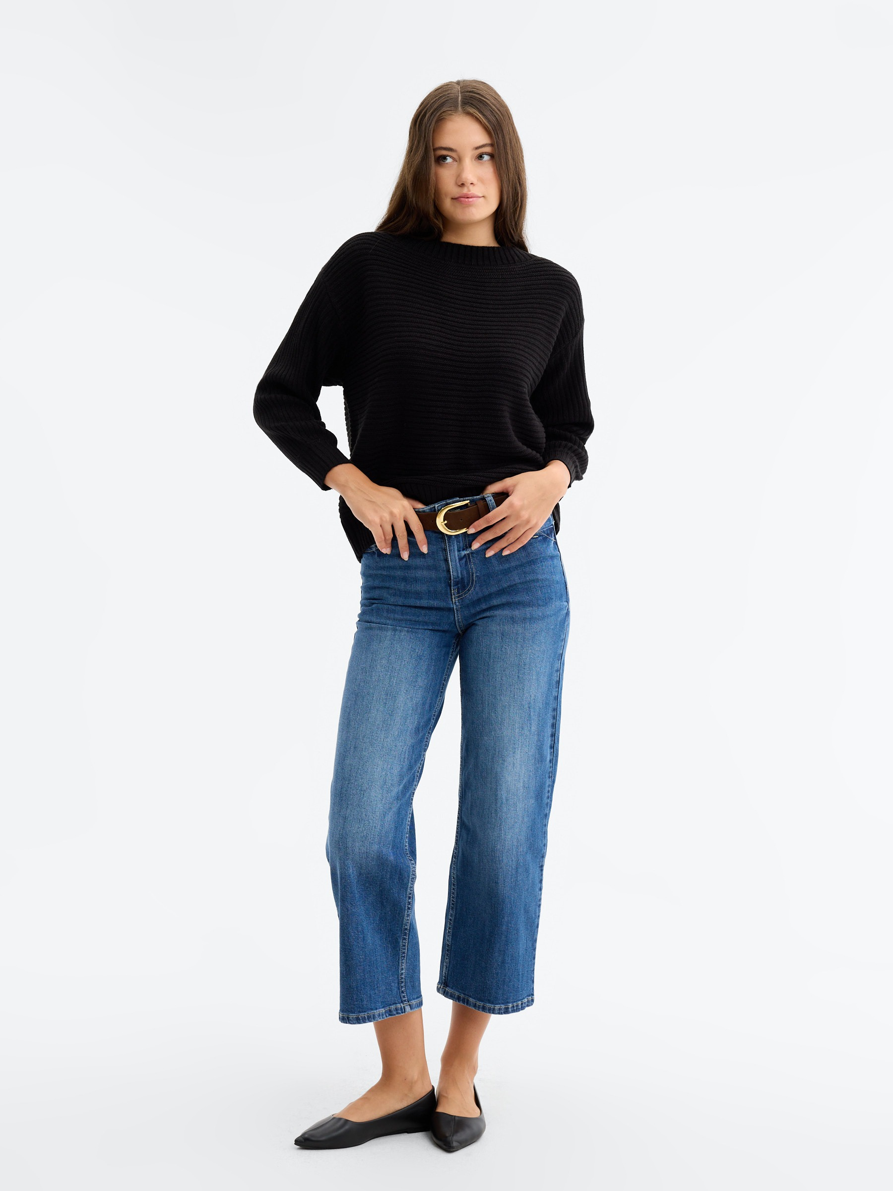 Basic knit boat neck sweater black middle front view