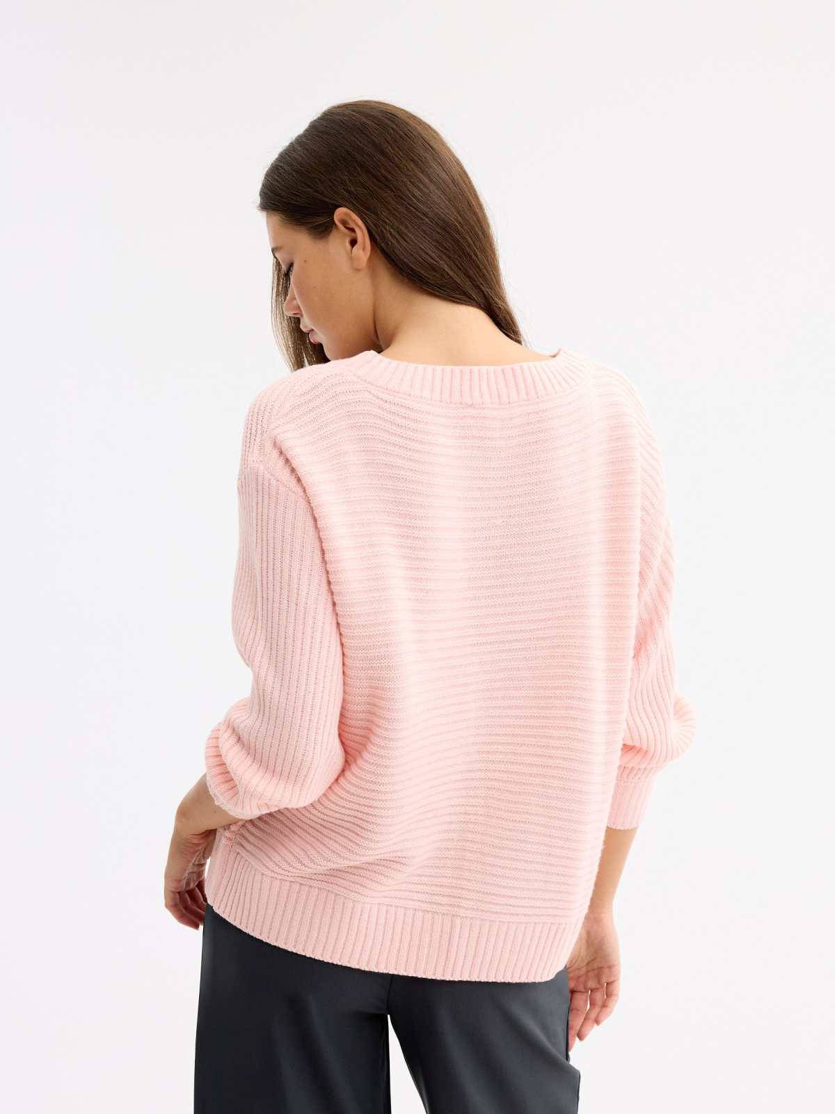 Camisola de malha básica gola barco rosa claro vista meia traseira