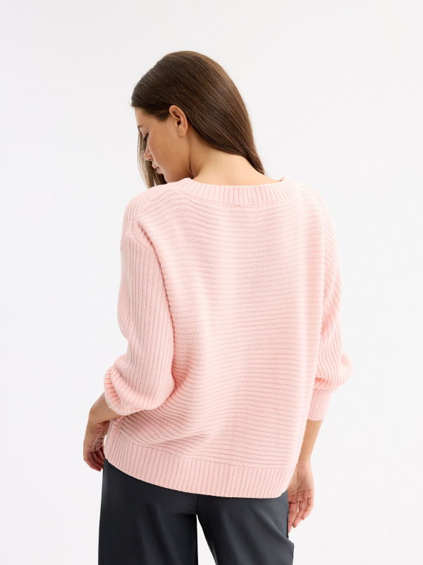 Basic knit boat neck sweater light pink middle back view