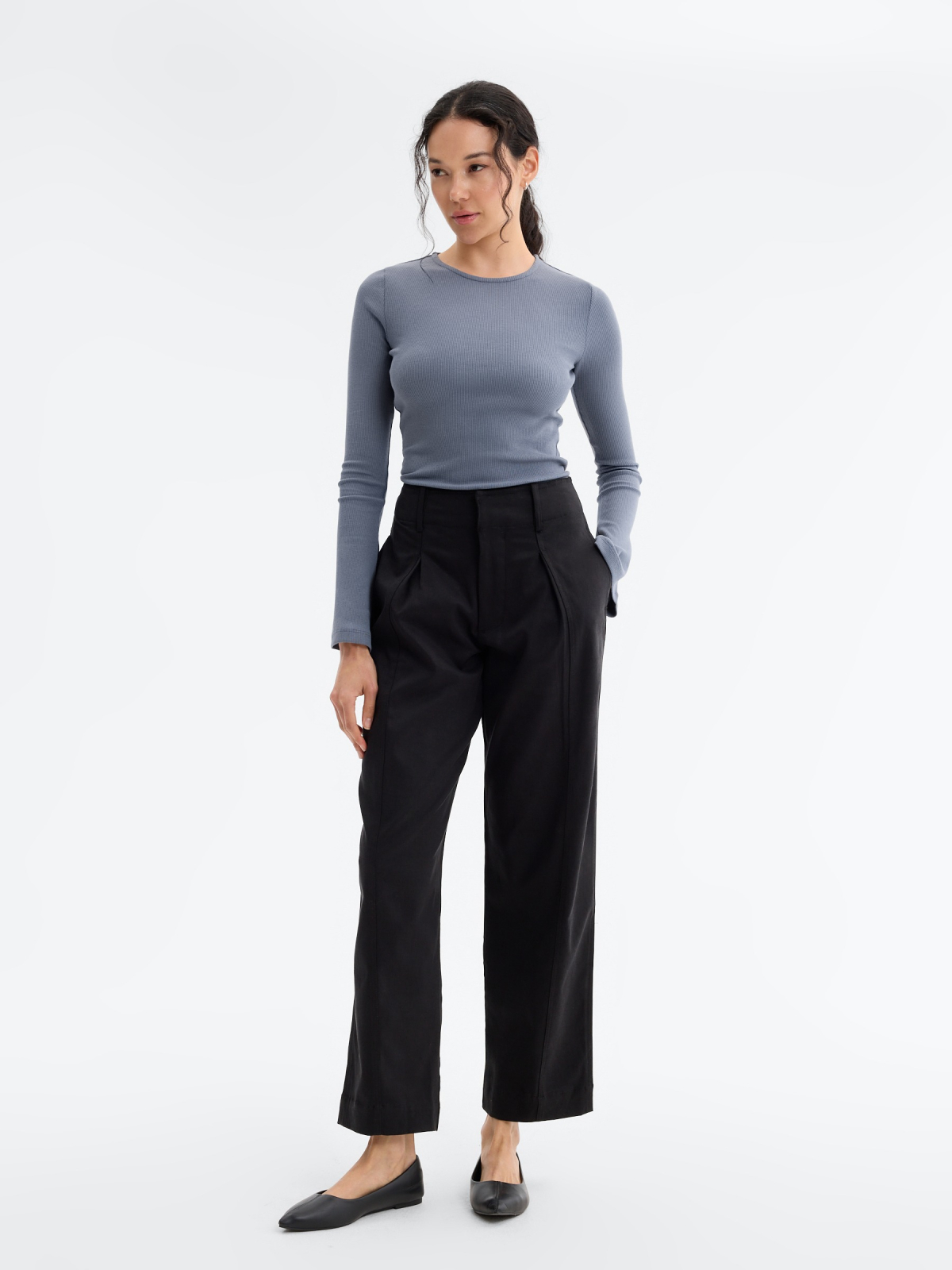 Ribbed long bell sleeve t-shirt steel blue front view