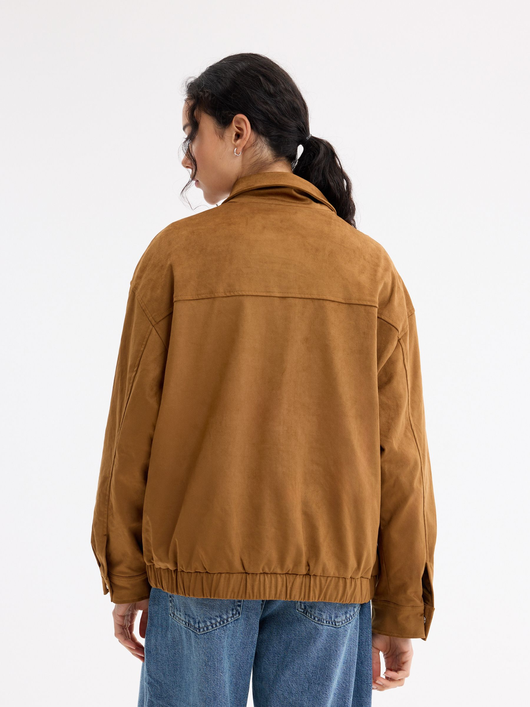 Oversized suede bomber jacket dark brown middle front view