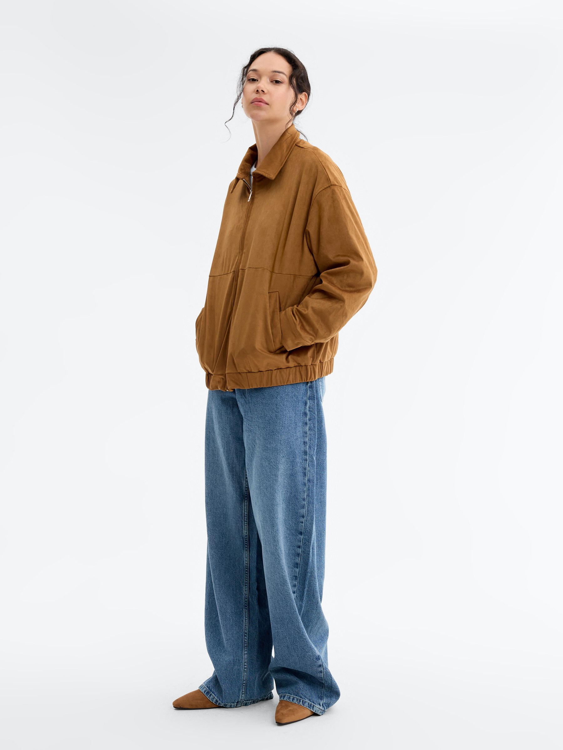 Oversized suede bomber jacket dark brown middle front view
