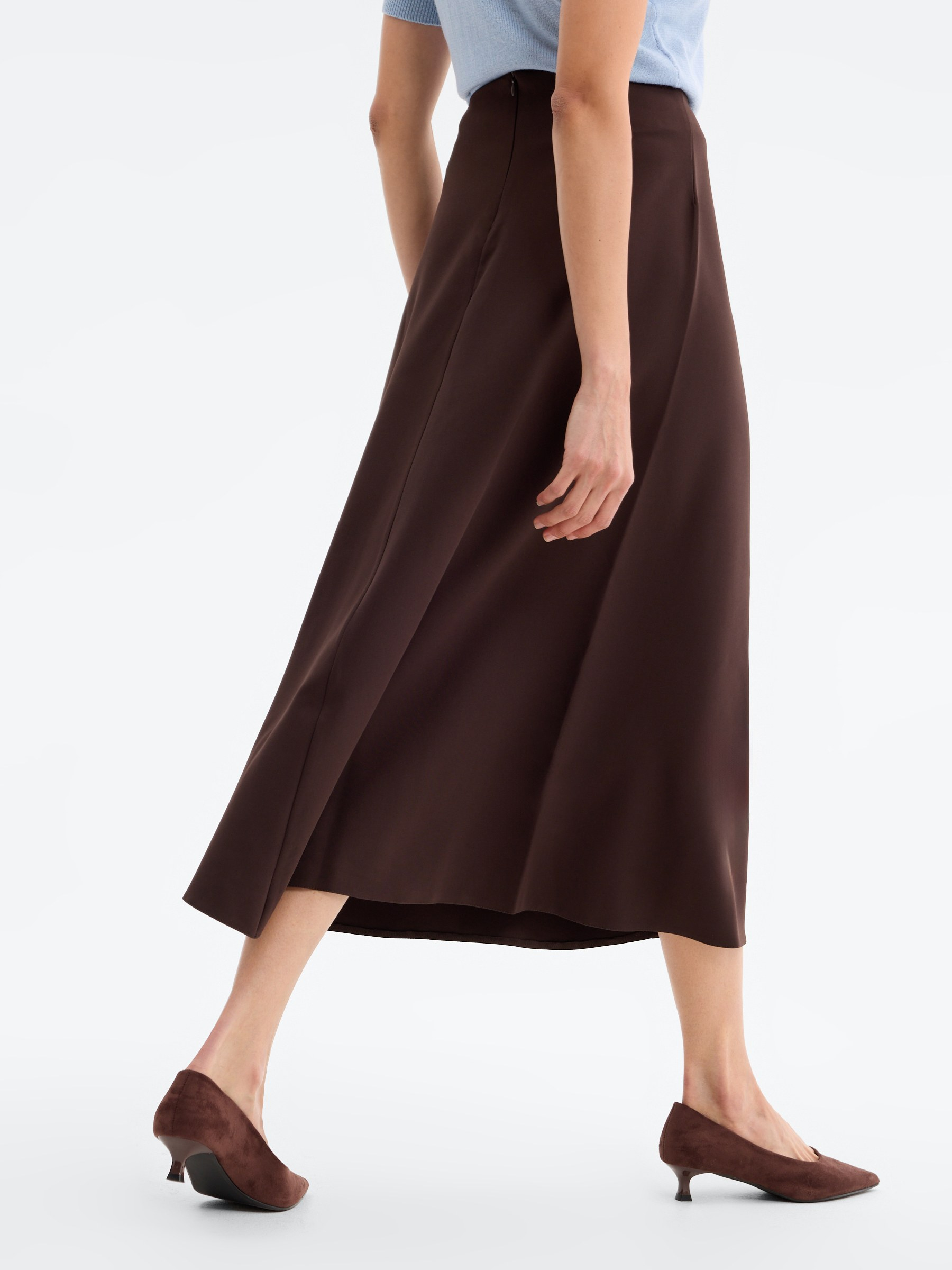Plain flared midi skirt chocolate middle front view