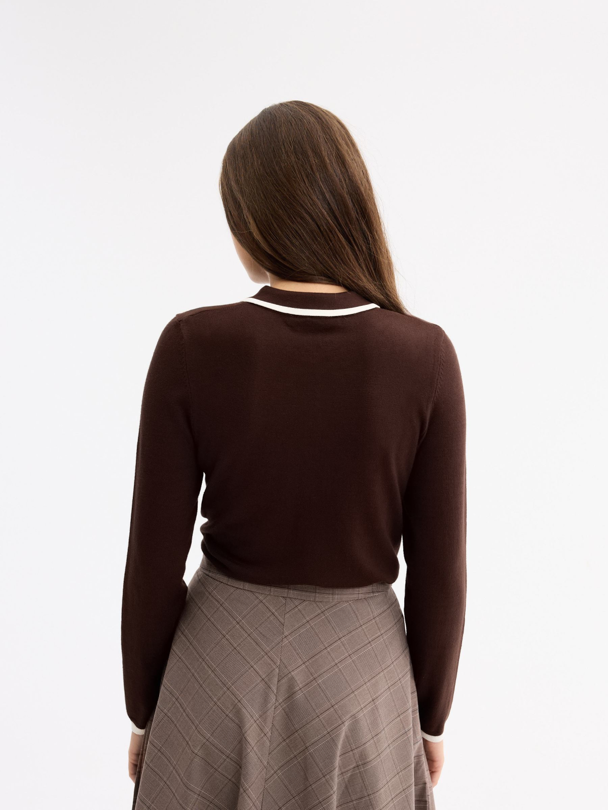 Striped polo collar sweater chocolate middle back view