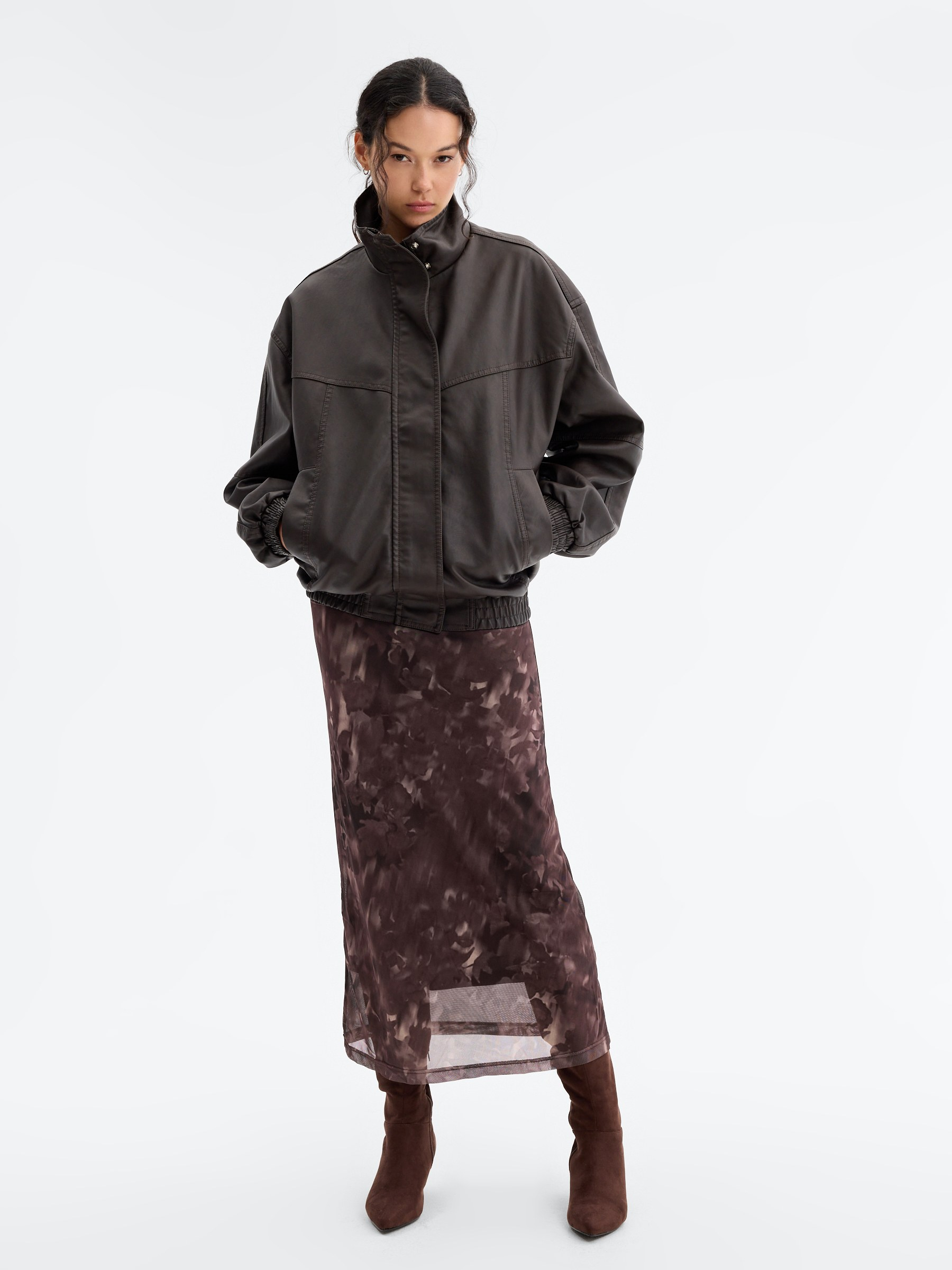 Oversized bomber jacket with leather effect chocolate middle front view