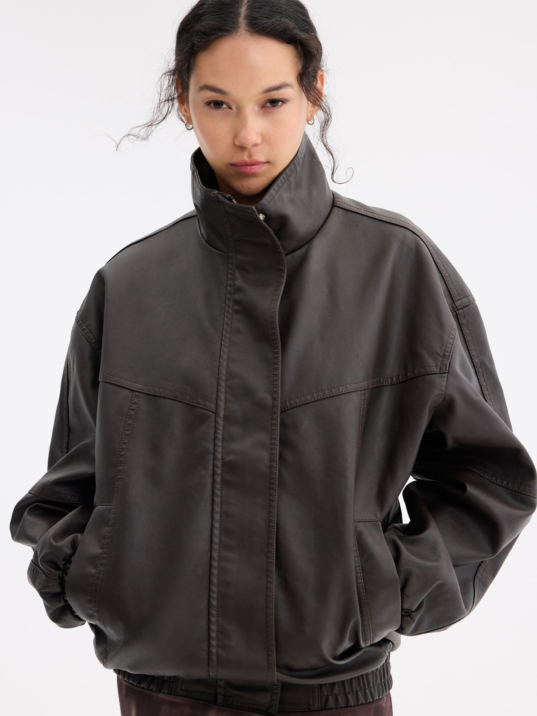 Oversized bomber jacket with leather effect chocolate middle front view