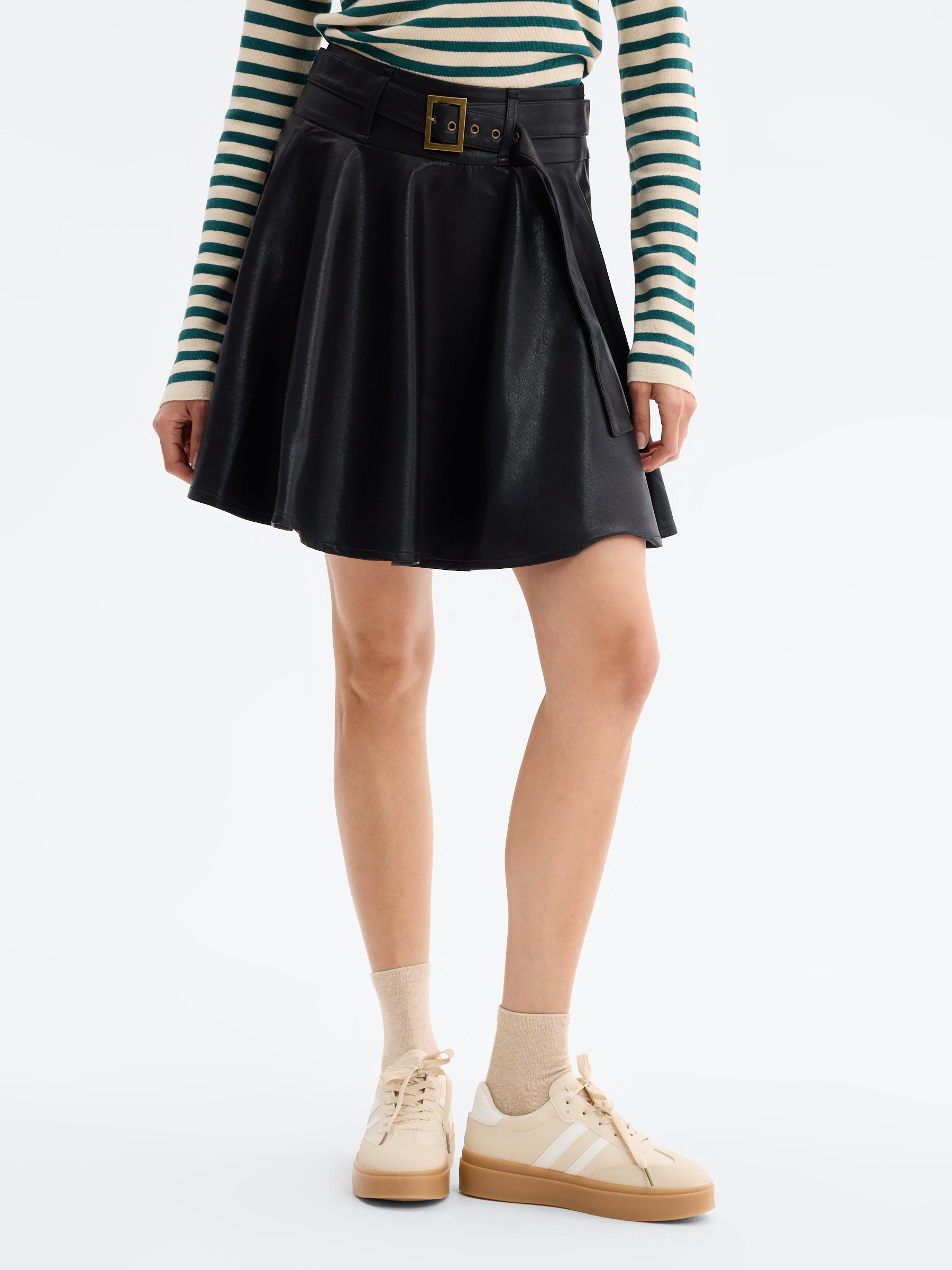Mini faux leather skirt with belt black middle front view