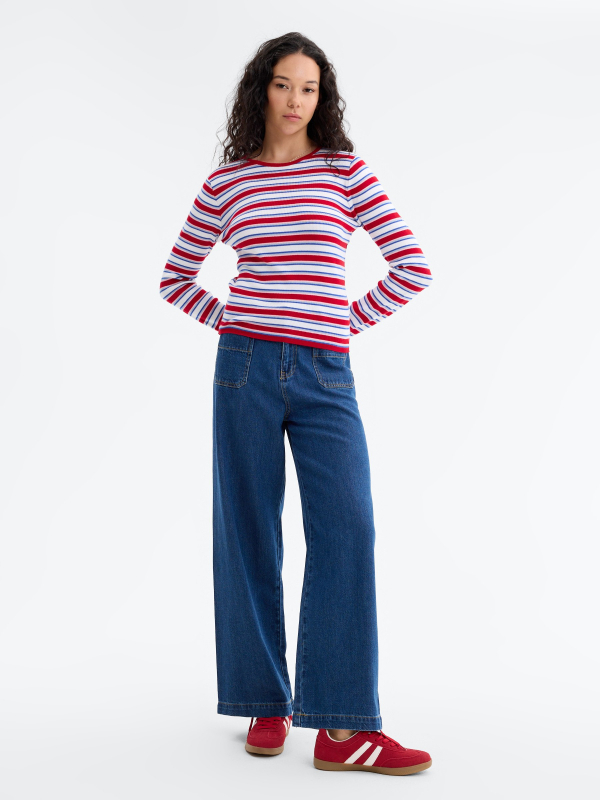 Sweater riscas slim casual carmim vista geral frontal