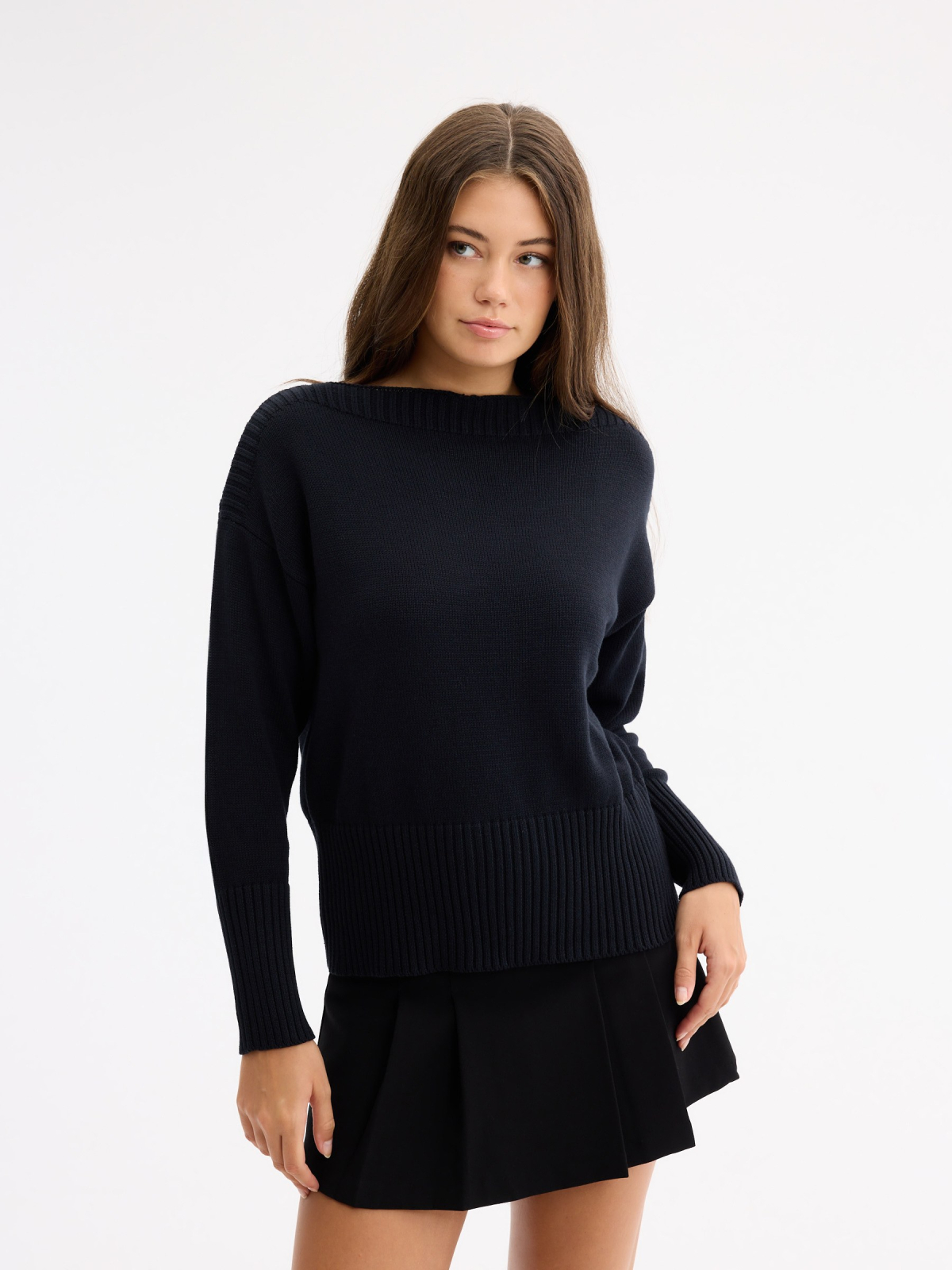 Boat Neck Knit Sweater black middle front view