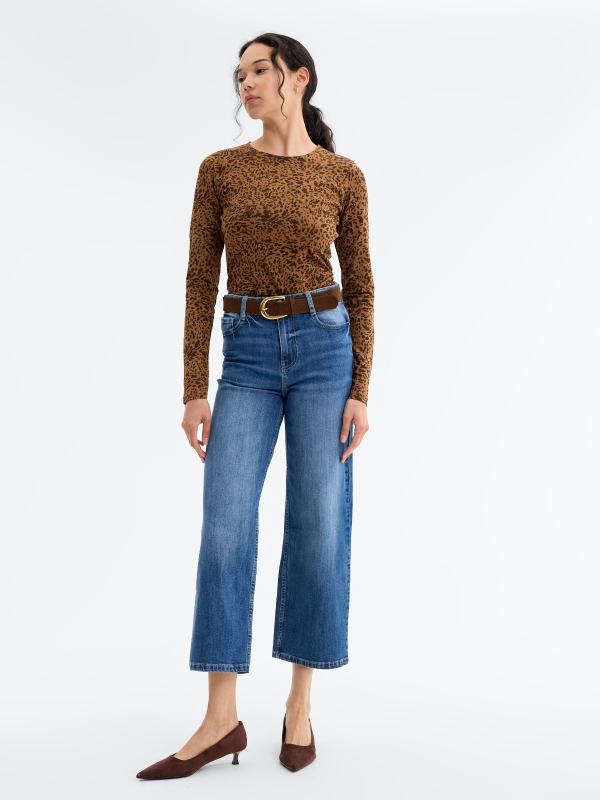 T-shirt de manga comprida animal print camel vista geral frontal