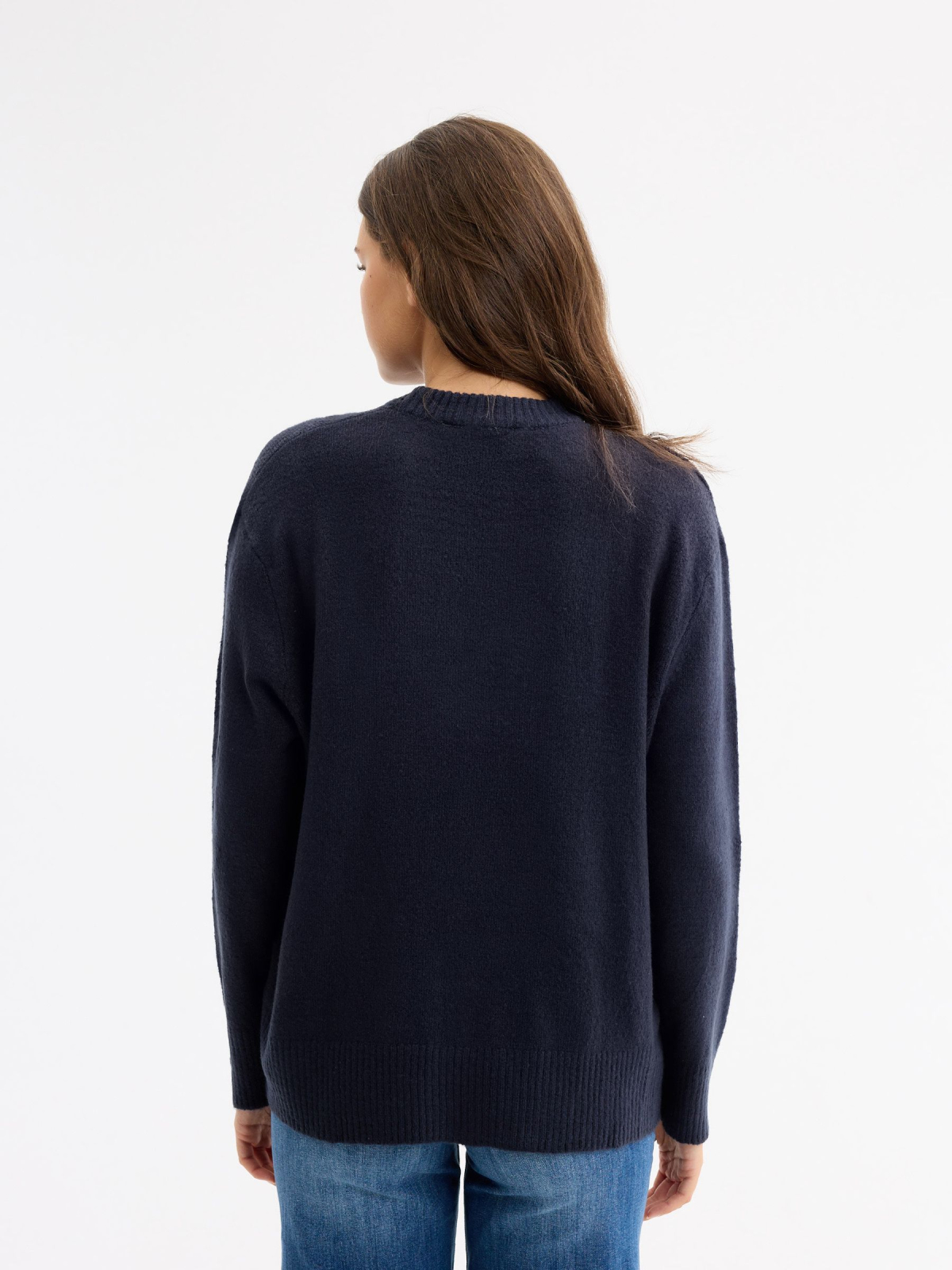 Basic long sleeve ribbed knit sweater navy middle back view