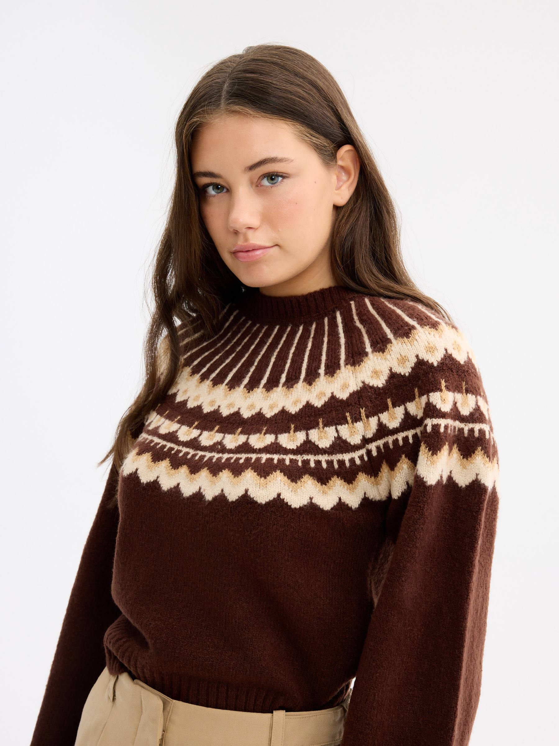 Fair Isle design knit sweater chocolate middle front view