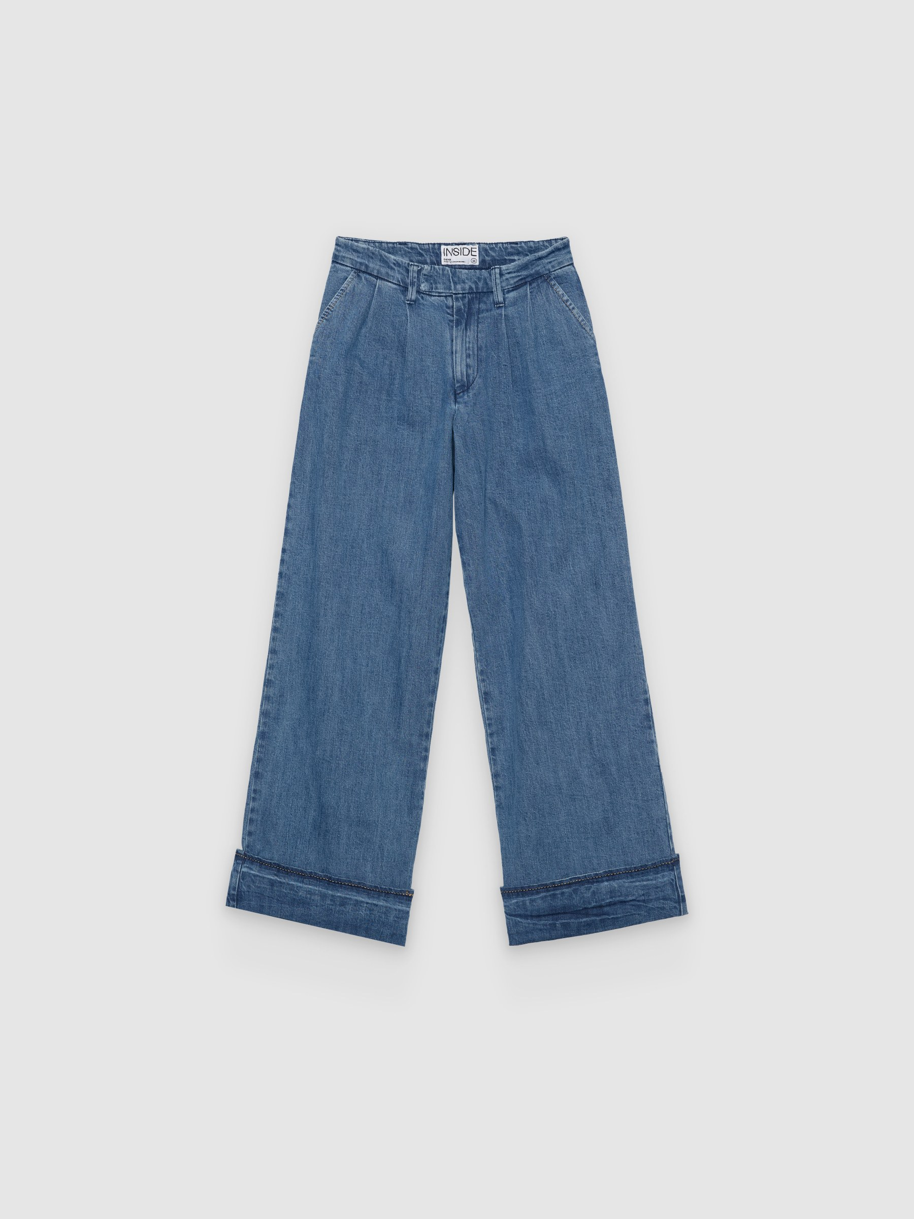 Jeans wide leg pinzas tiro alto azul vista detalle
