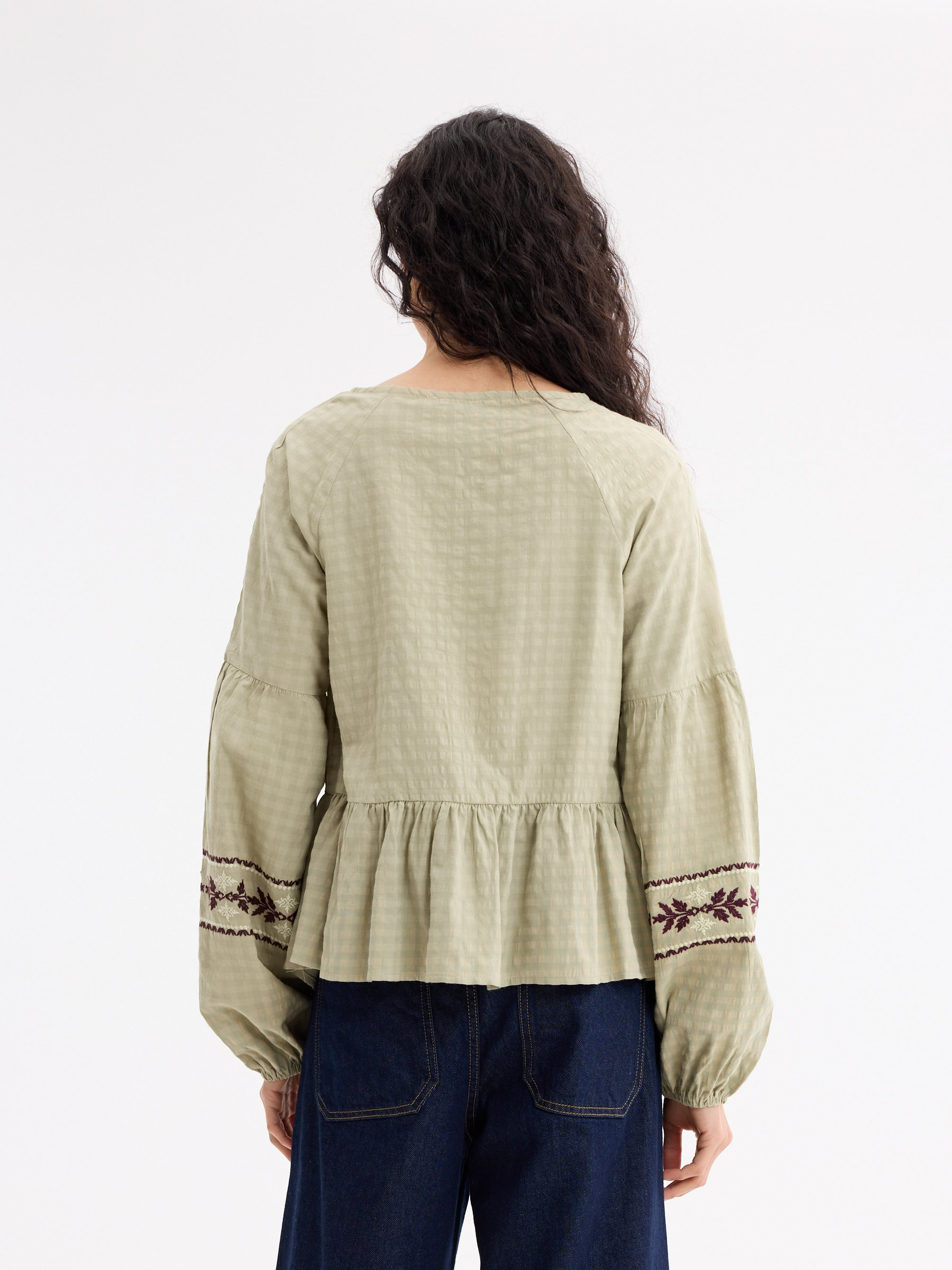 Embroidered floral viscose blouse greyish green middle front view