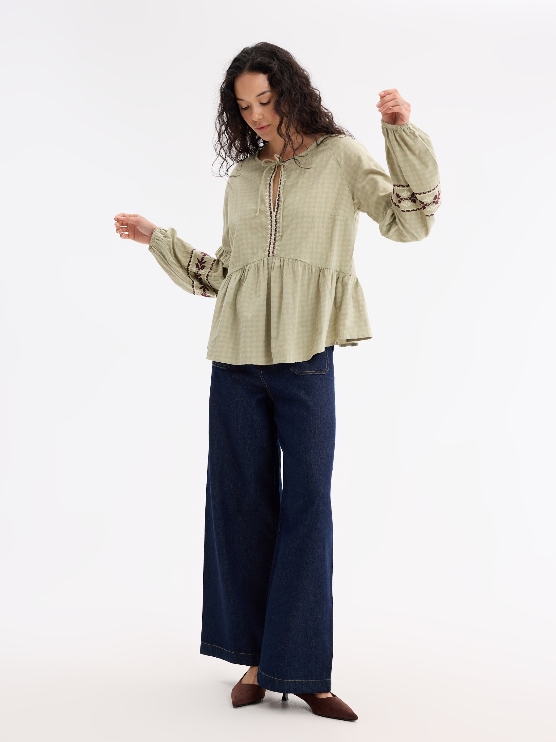 Embroidered floral viscose blouse greyish green middle front view