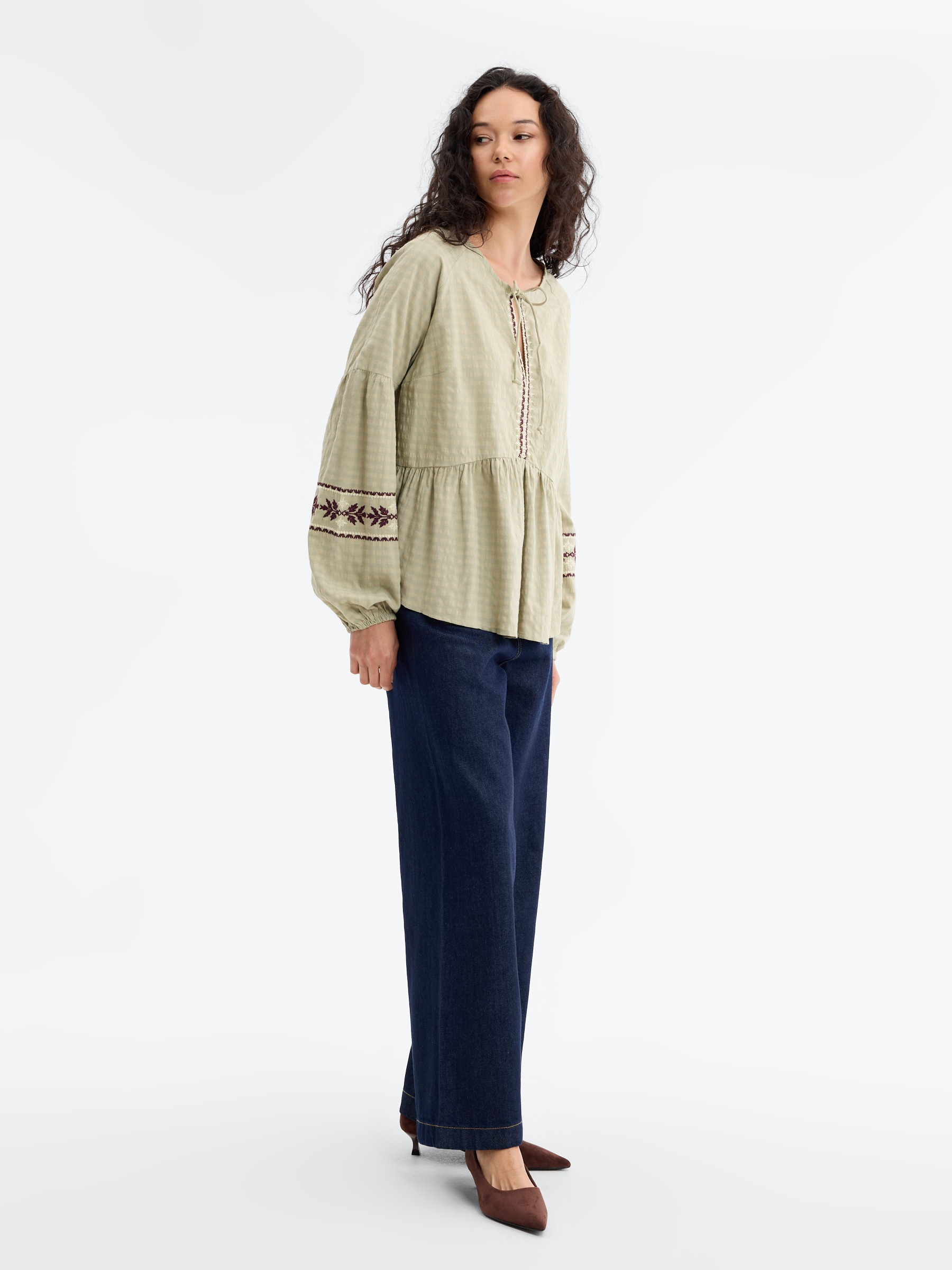 Embroidered floral viscose blouse greyish green middle front view