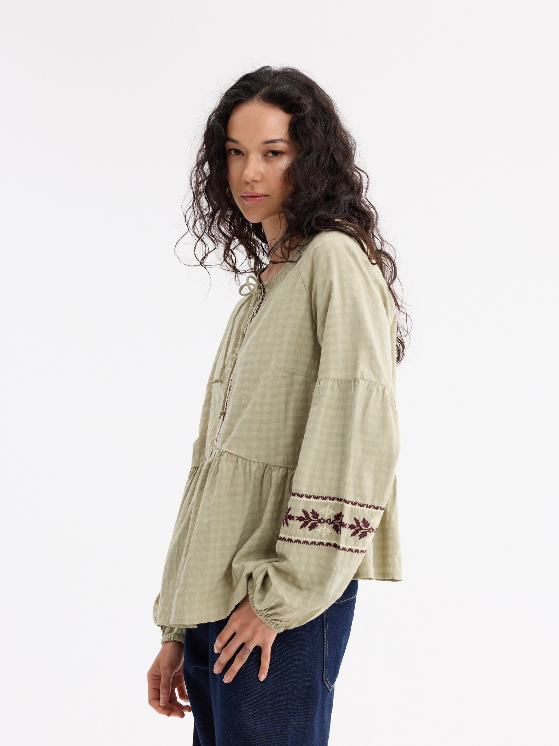 Embroidered floral viscose blouse greyish green middle front view