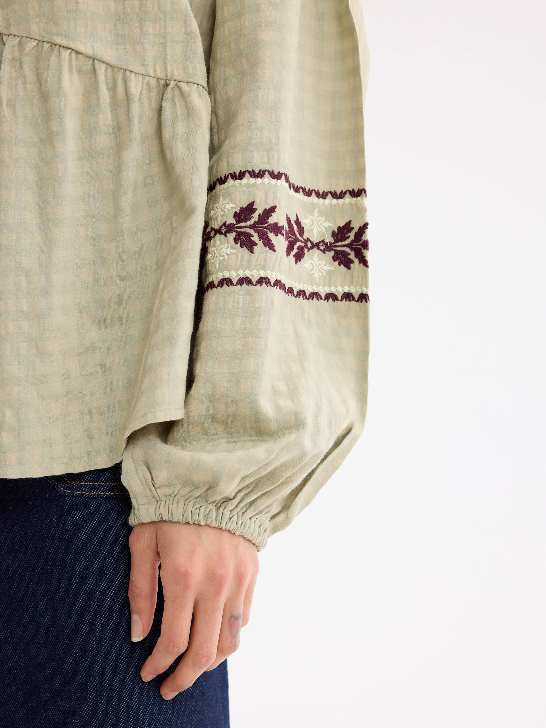 Embroidered floral viscose blouse greyish green middle front view