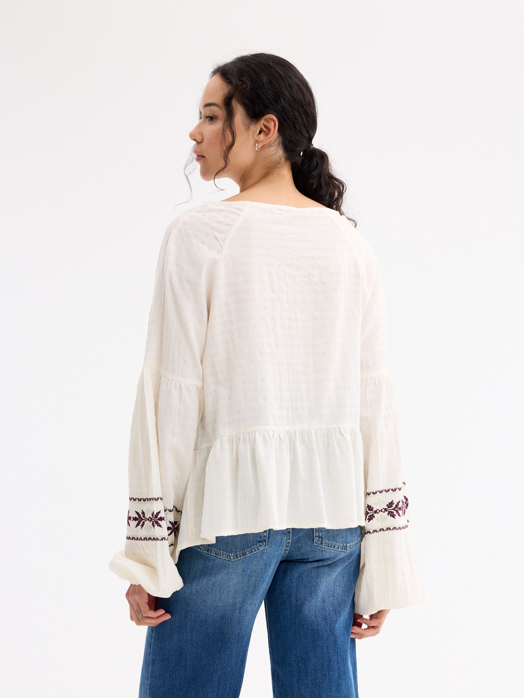 Embroidered floral viscose blouse off white middle front view